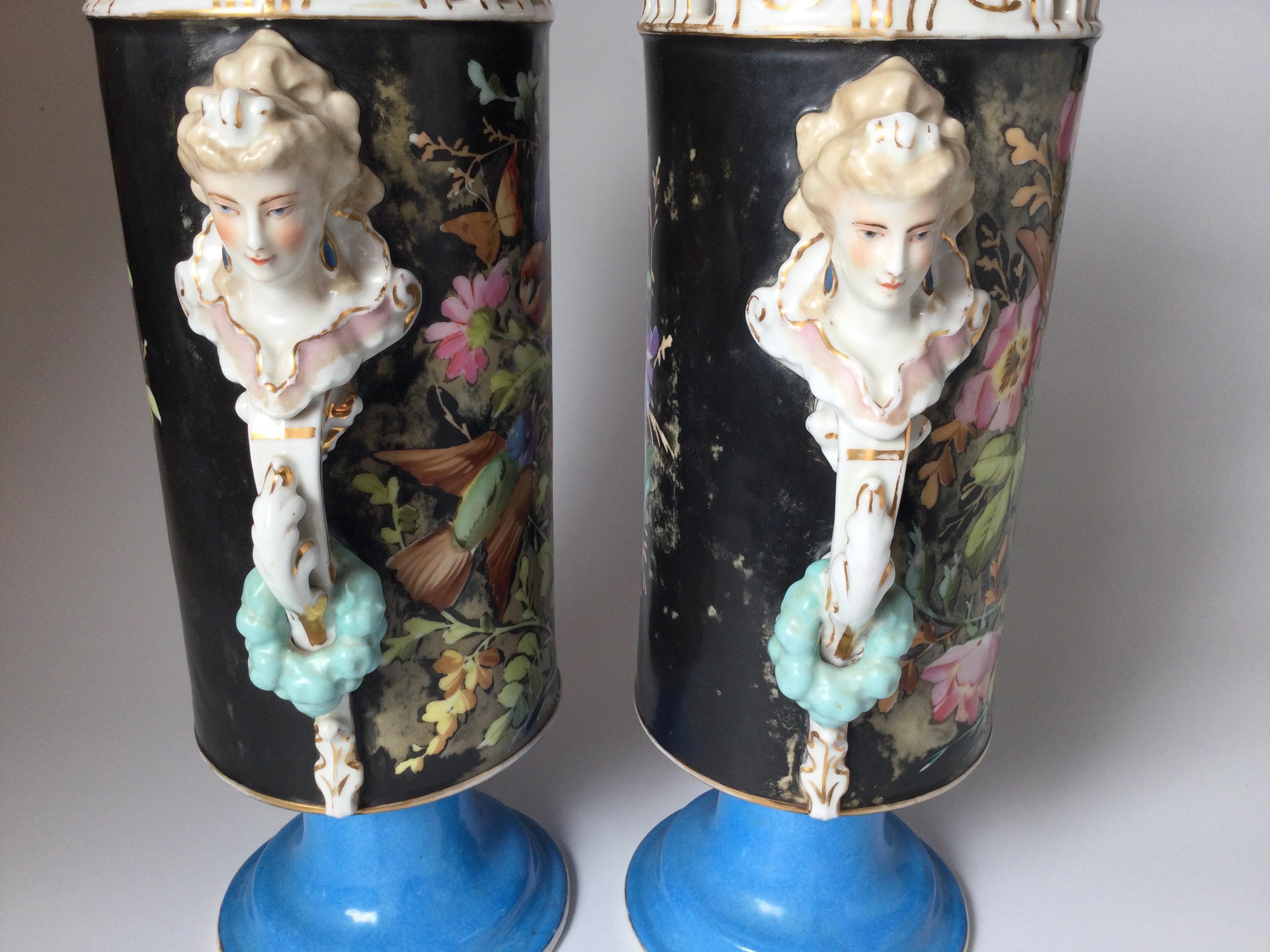 Pair of Paris Porcelain Hand Painted Cylinder Vases  In Good Condition For Sale In Lambertville, NJ
