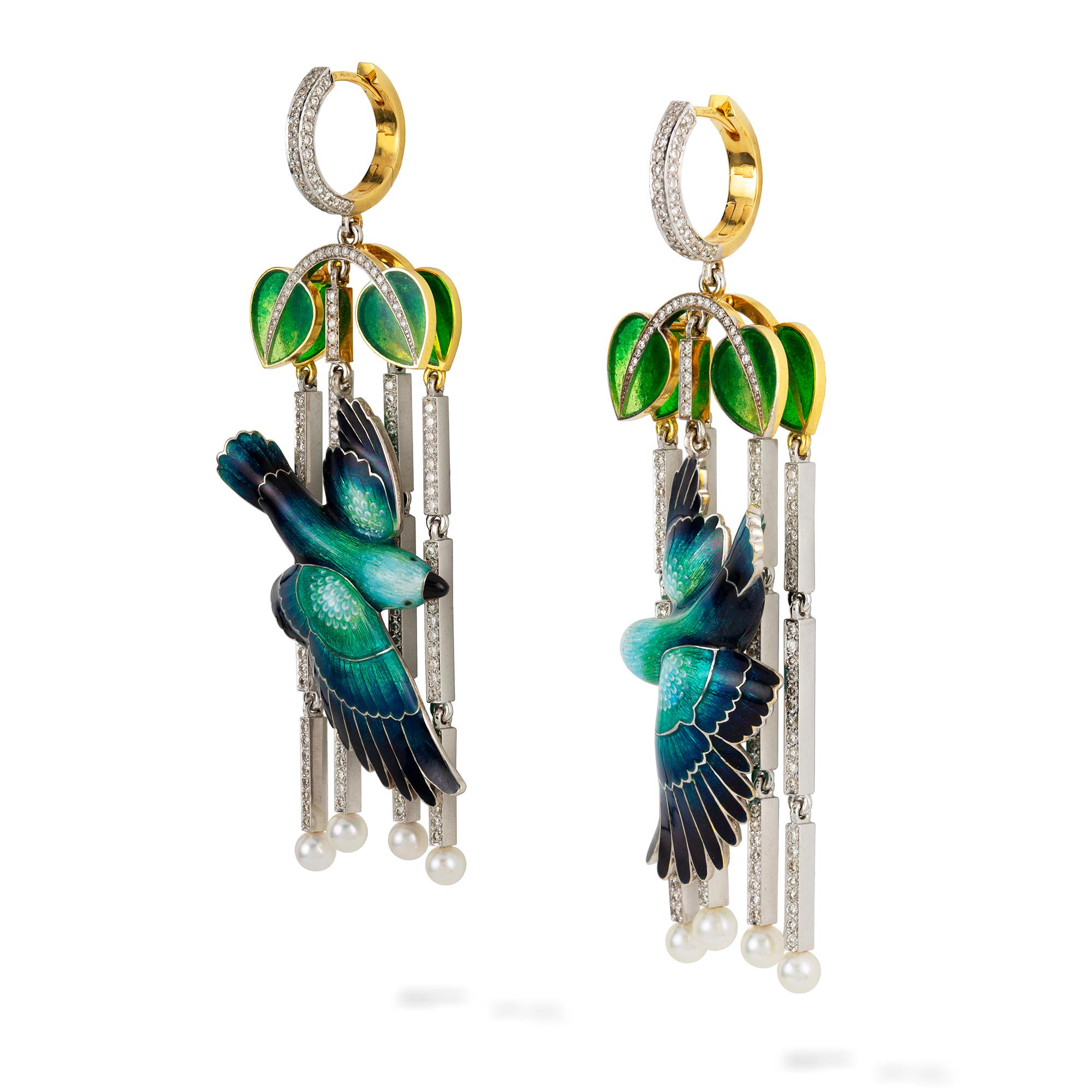 A pair of parrot earrings by Ilgiz F, each earring with a champlevé enamelled parrot suspended by a plique-a-jour and diamond-set arch with four diamond-set fringe background, to a diamond-set hoop fitting, the diamonds weighing 2.08 carats in