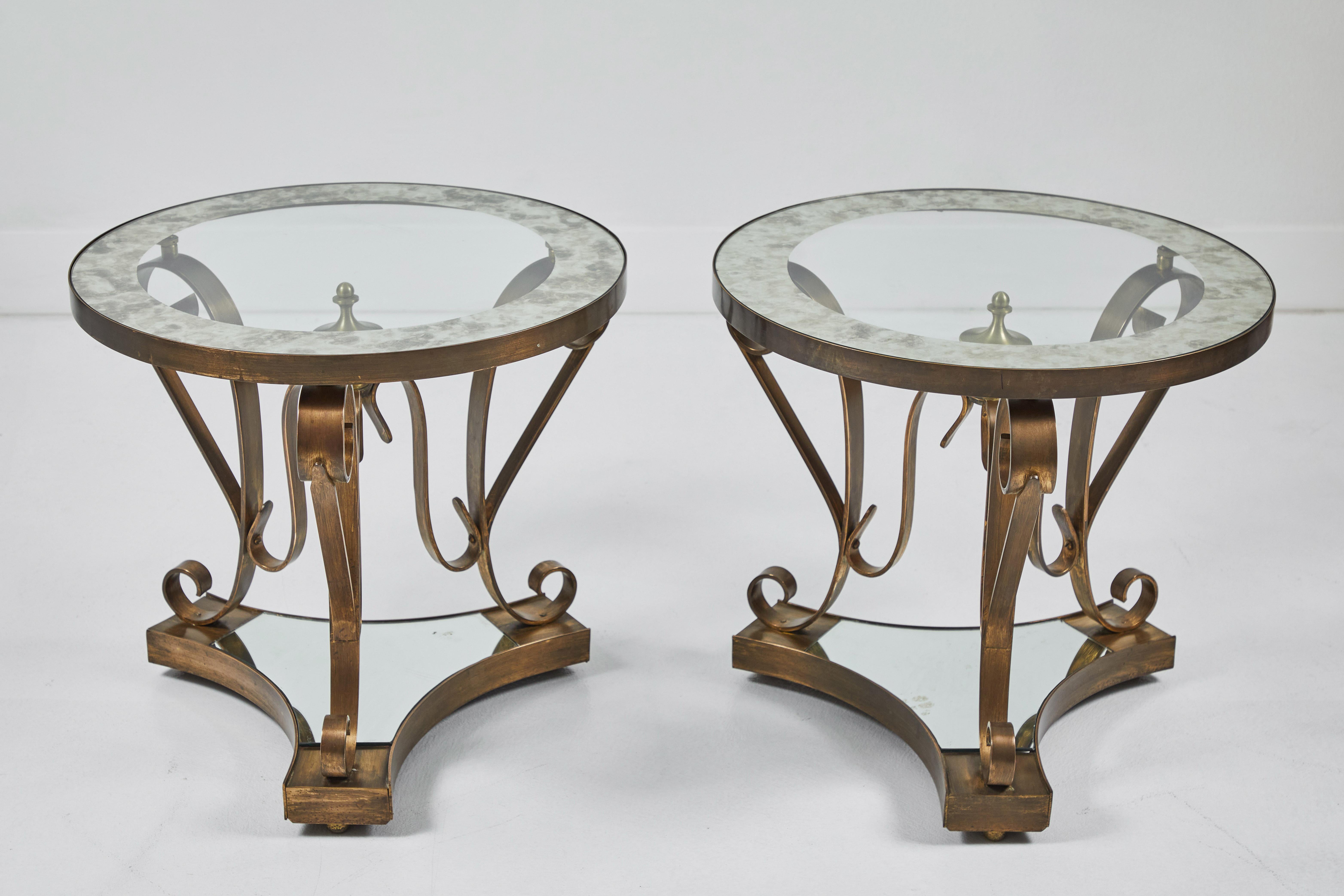 Hollywood Regency Pair of Patinated Brass and Mirrored Side Tables by Arturo Pani For Sale