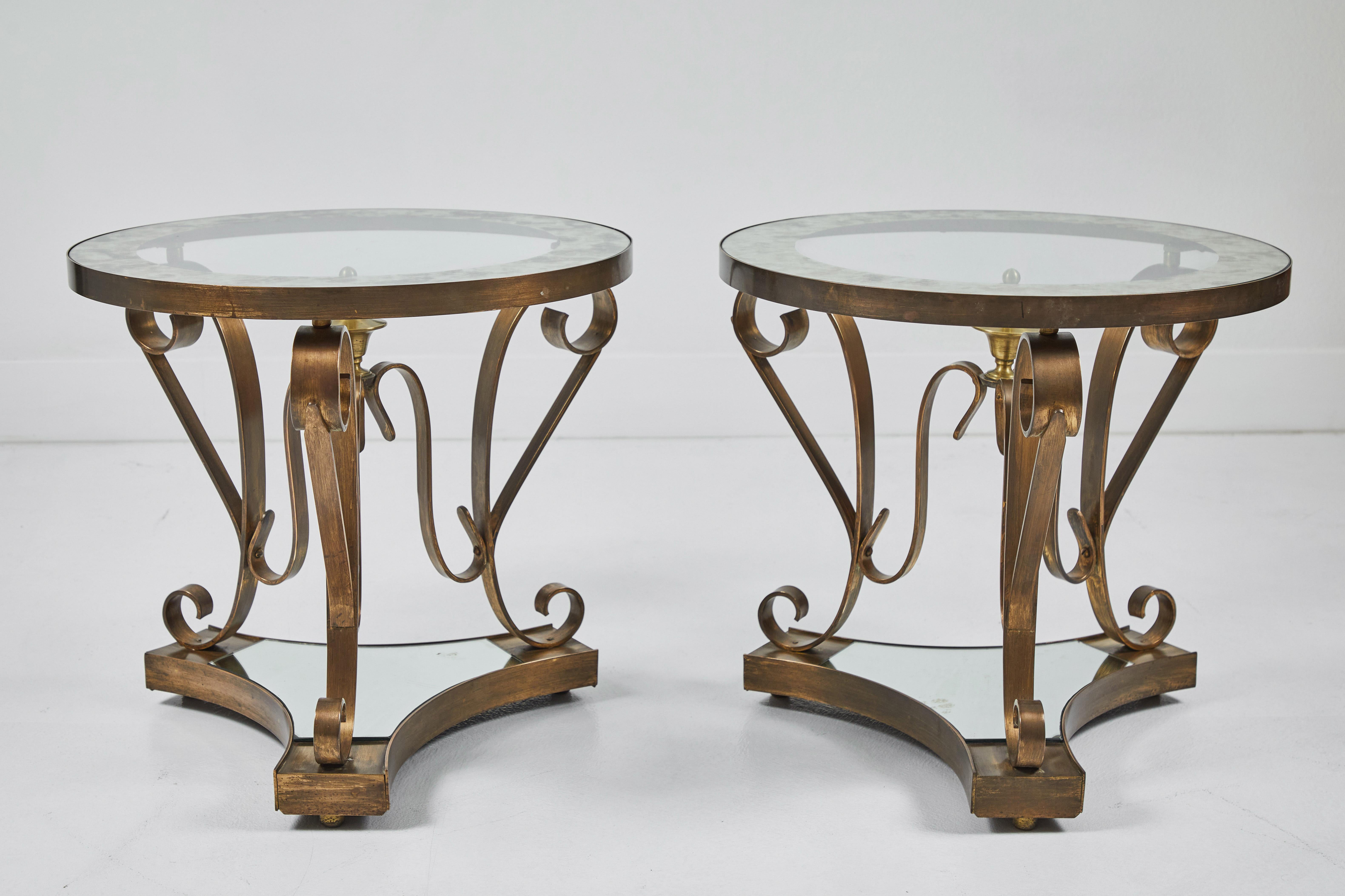 Mexican Pair of Patinated Brass and Mirrored Side Tables by Arturo Pani For Sale