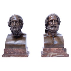 Antique A Pair of Patinated Bronze Busts Depicting Homer and Euripedes
