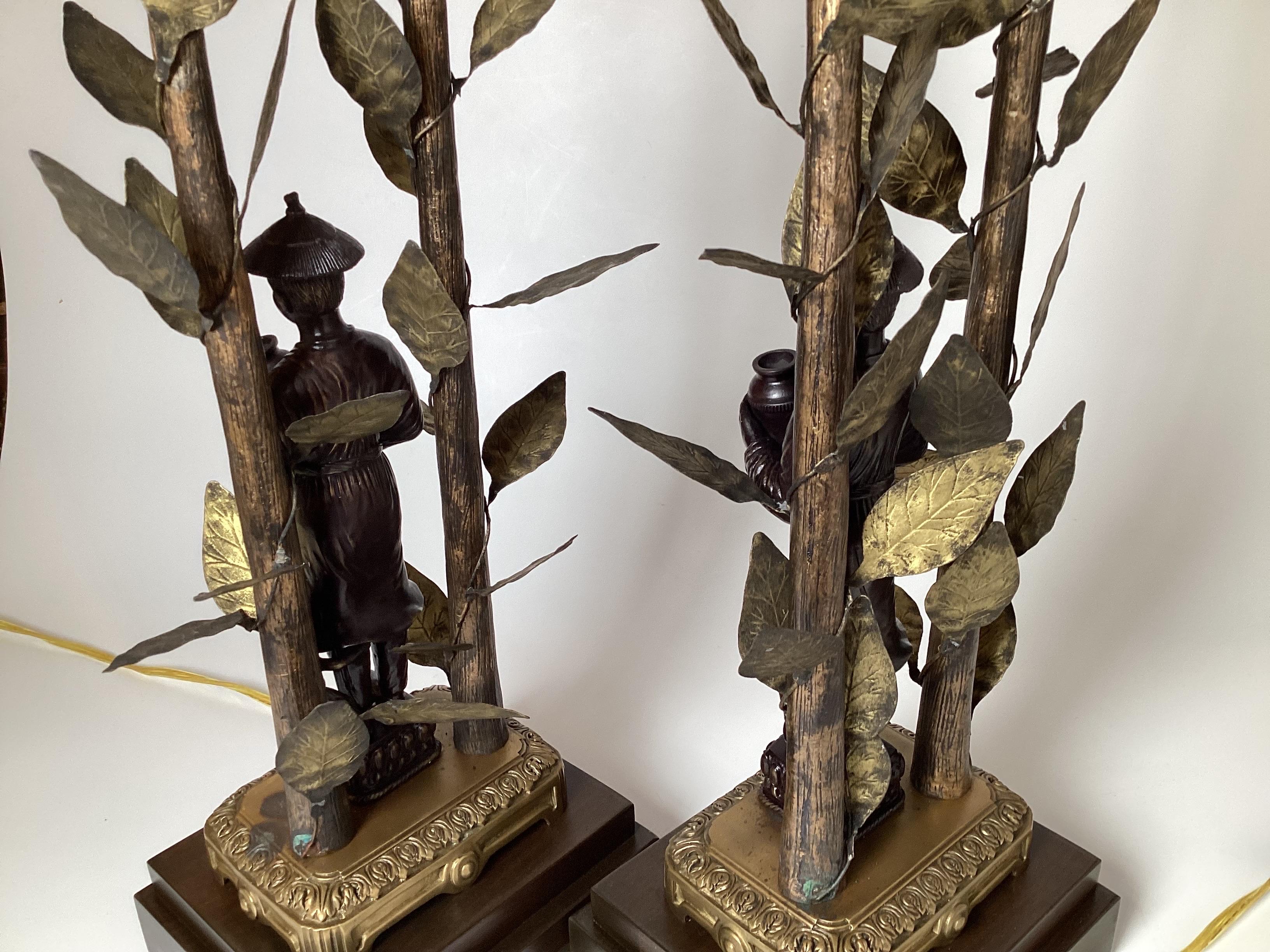 Pair of Patinated Bronze Hollywood Regency Chinoiseries Table Lamps For Sale 7