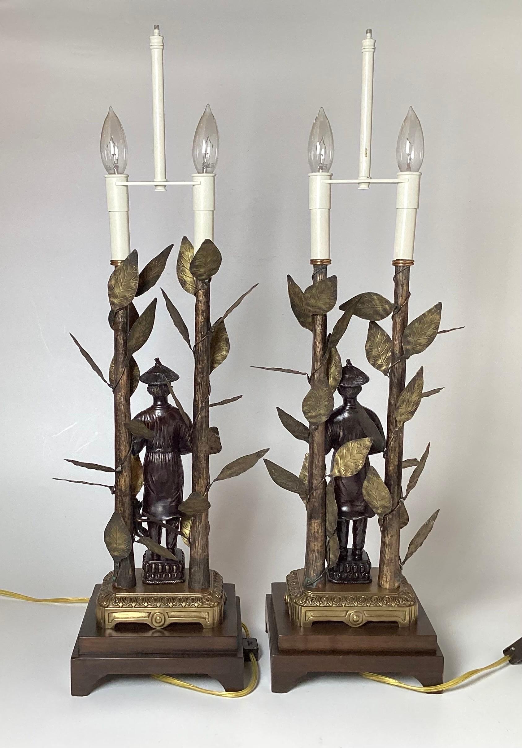 Pair of Patinated Bronze Hollywood Regency Chinoiseries Table Lamps For Sale 8