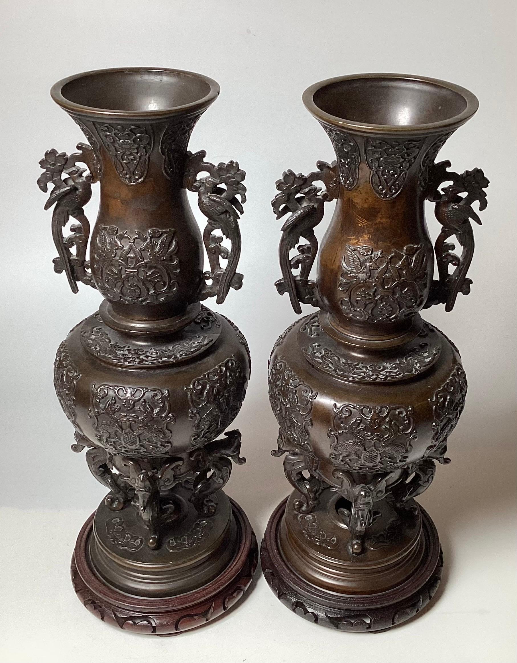 Japanese A Pair of Patinated Bronze Meiji Period Figural Tall Vases  For Sale