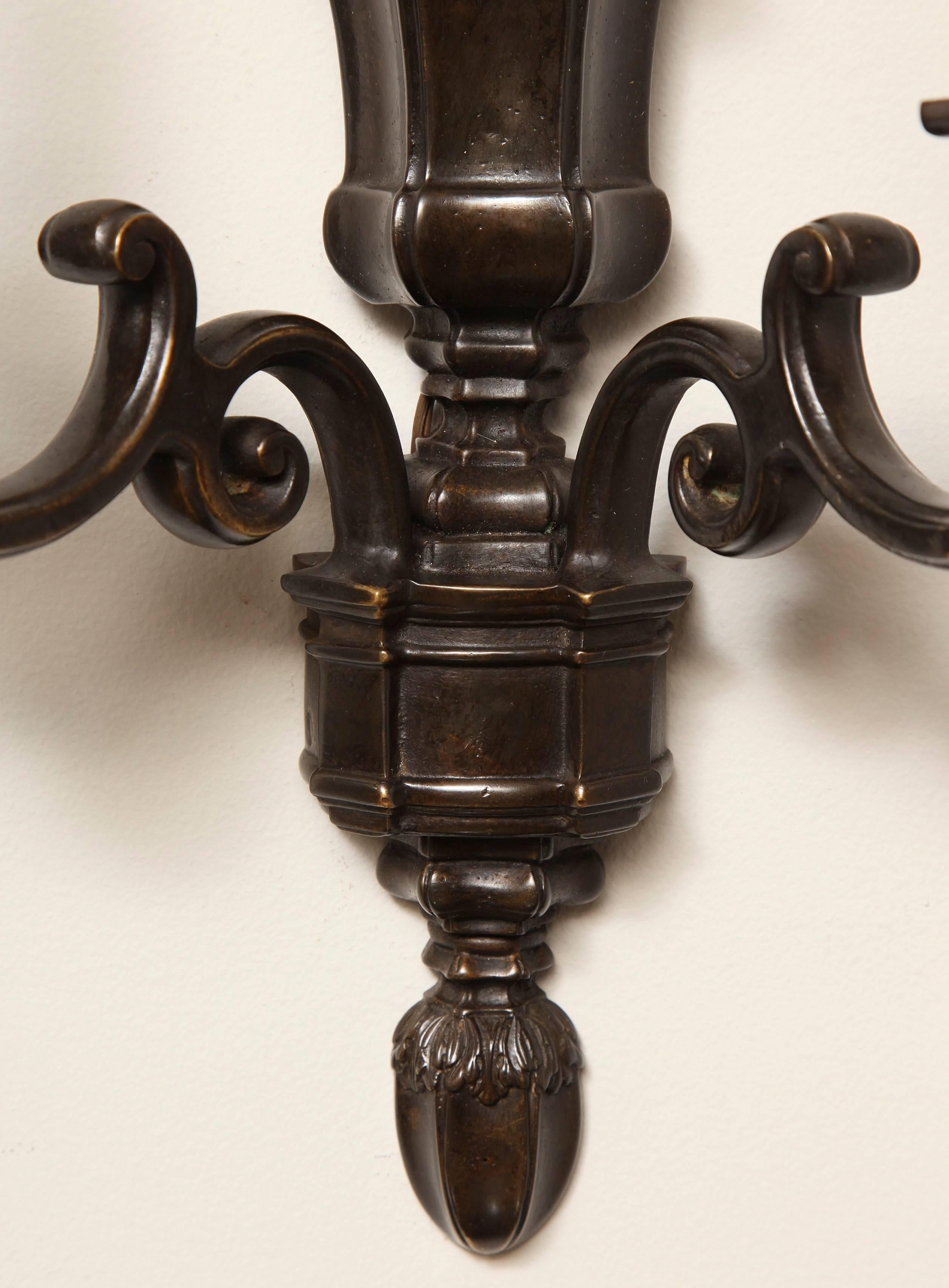Pair of Patinated Bronze Sconces by E.F. Caldwell, Two Light Sconces In Good Condition In New York, NY