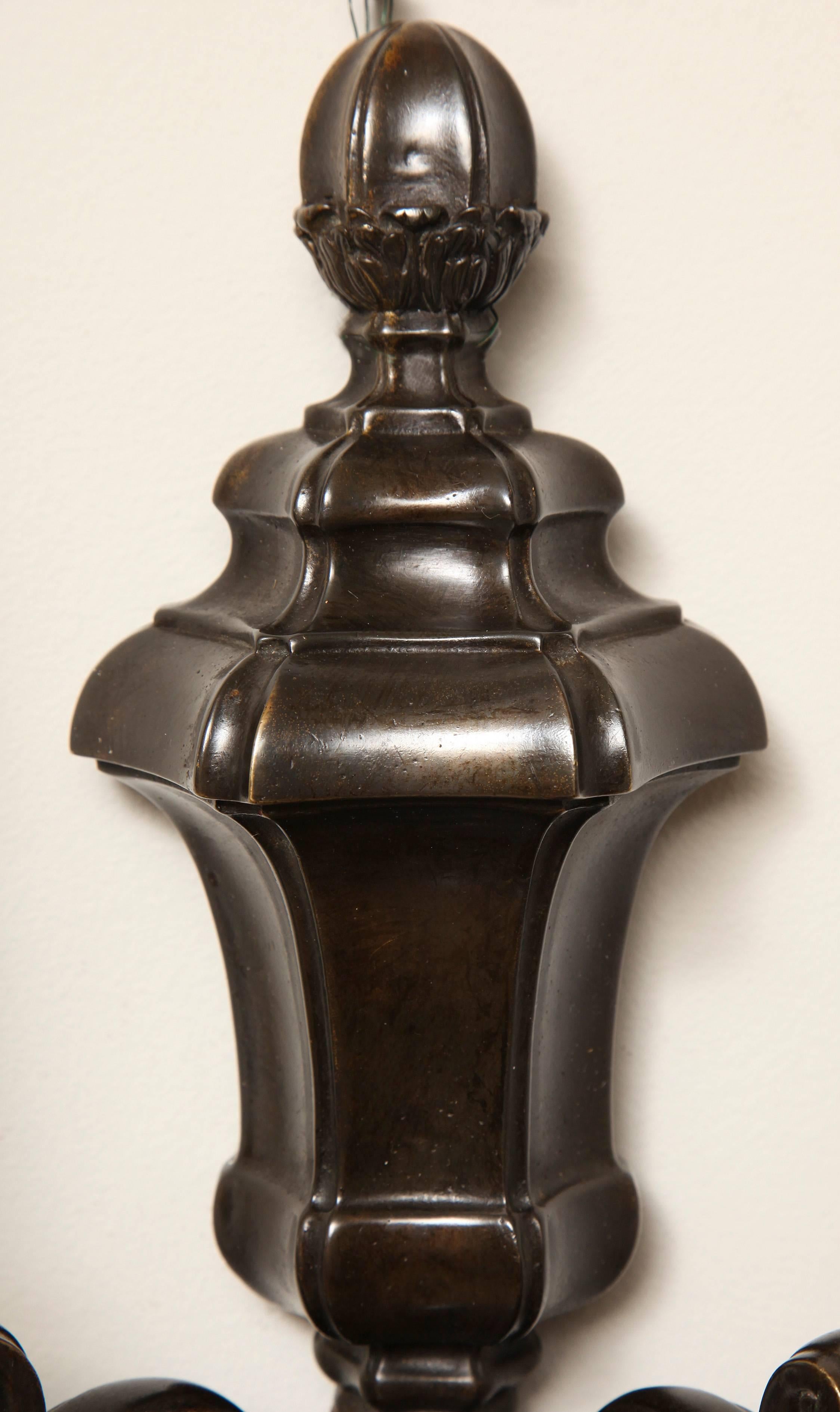 20th Century Pair of Patinated Bronze Sconces by E.F. Caldwell, Two Light Sconces