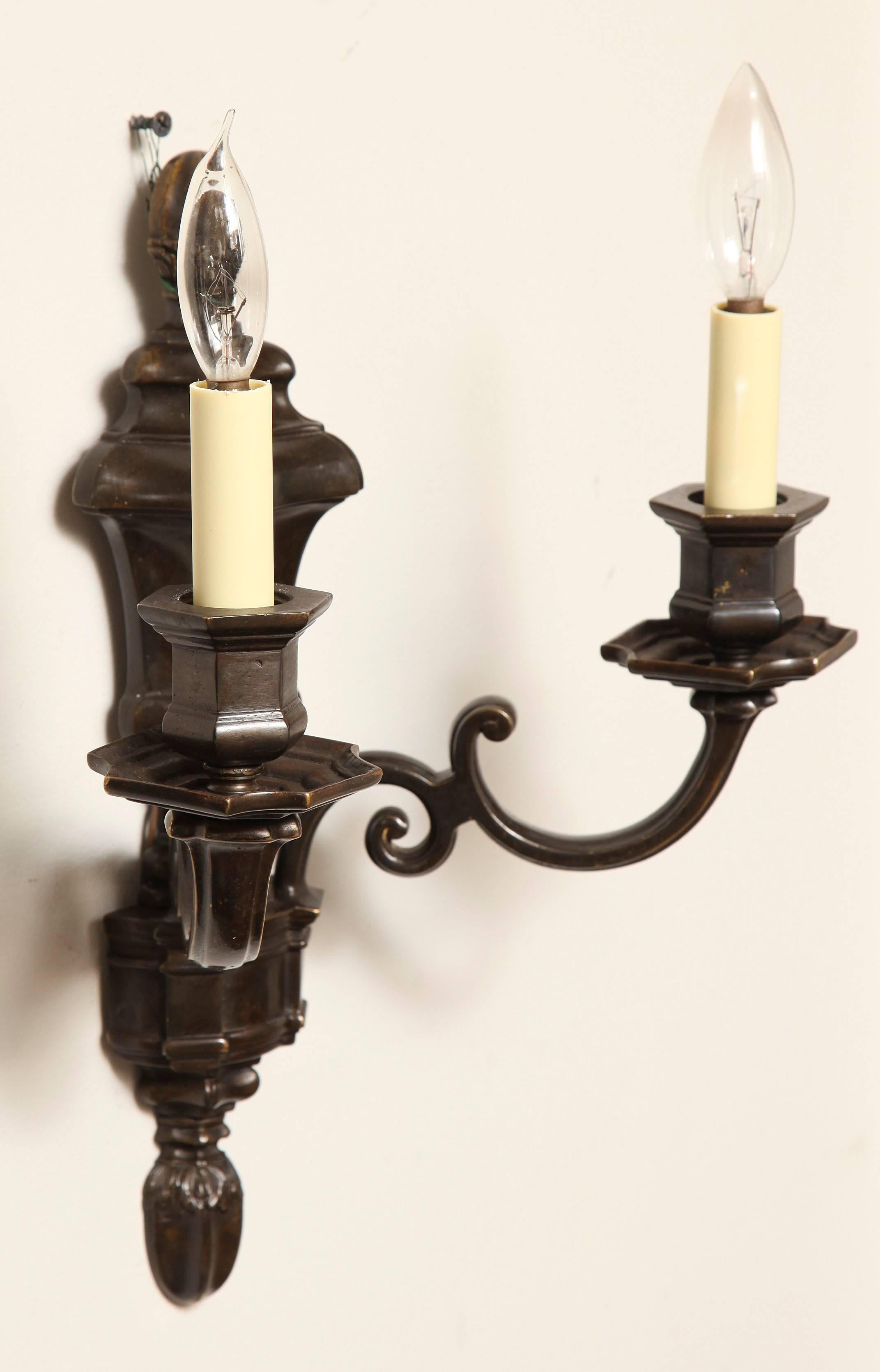 Pair of Patinated Bronze Sconces by E.F. Caldwell, Two Light Sconces 2