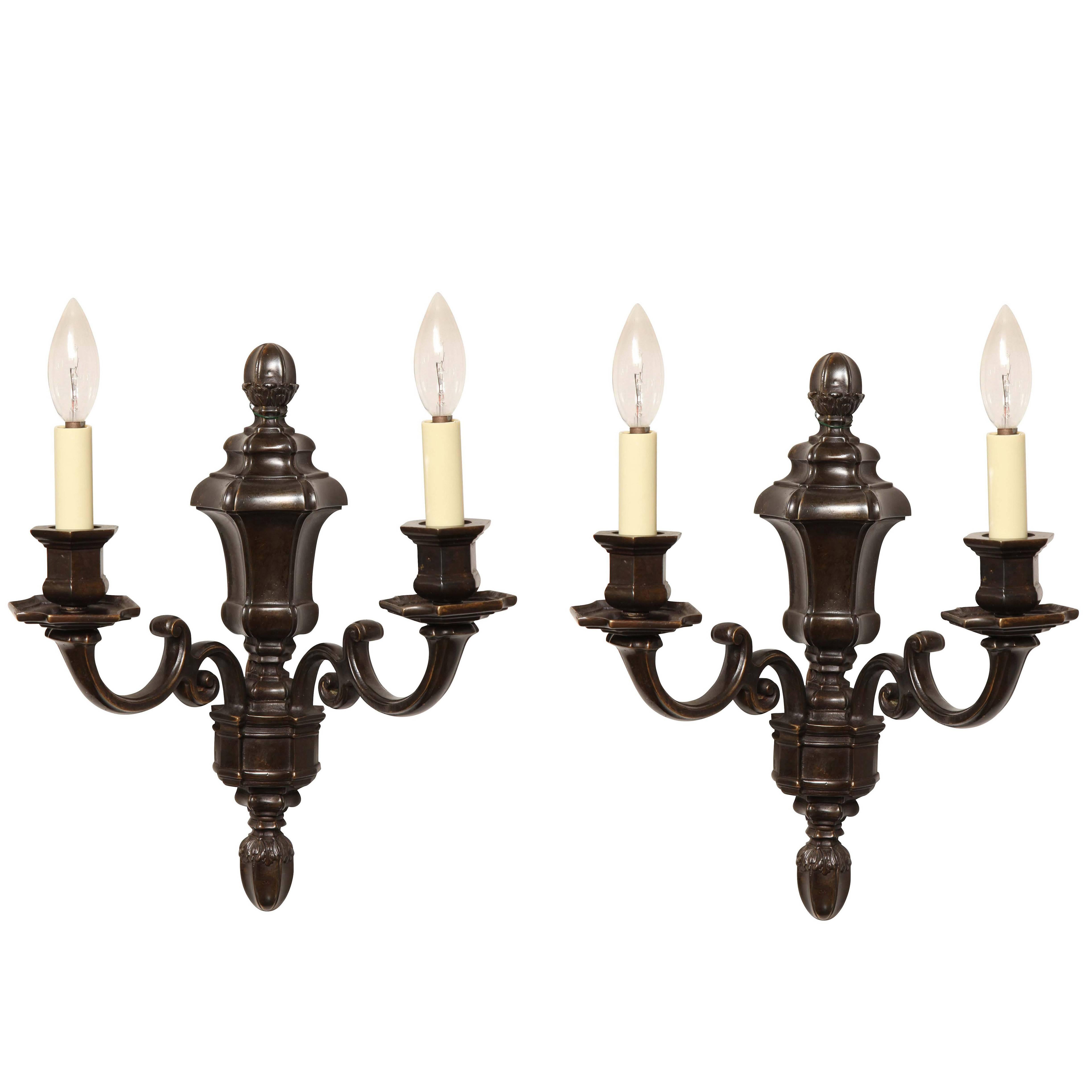 Pair of Patinated Bronze Sconces by E.F. Caldwell, Two Light Sconces