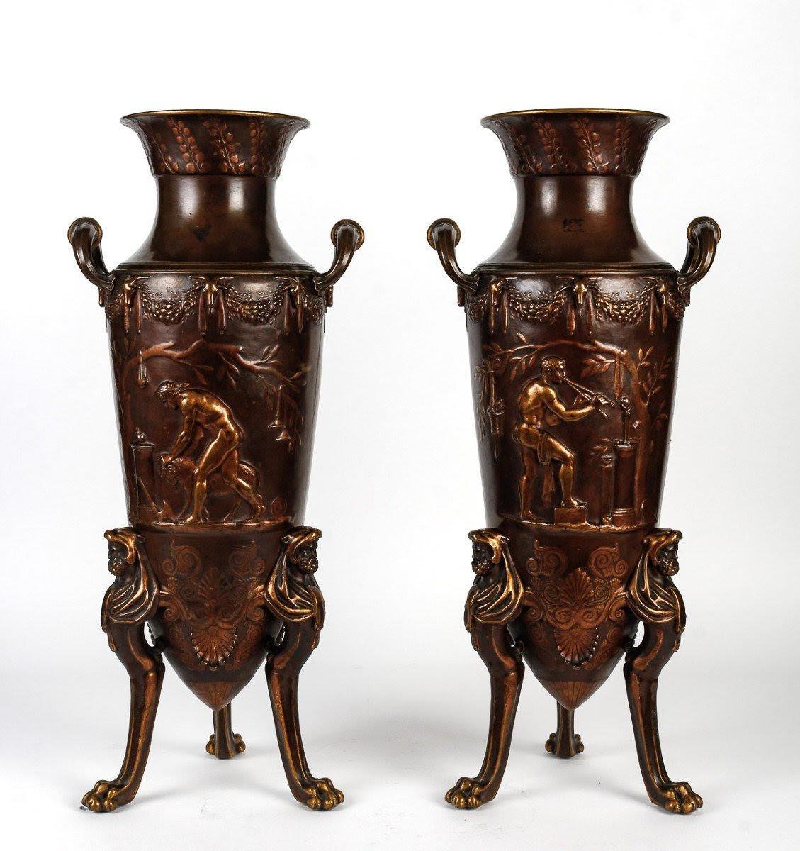 A Pair of Patinated Bronze Vases by Ferdinand Barbedienne, 19th Century. For Sale 6