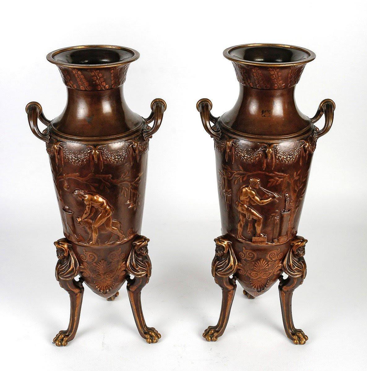 A pair of patinated bronze vases by Ferdinand Barbedienne, 19th century.

A pair of patinated bronze vases by Ferdinand Barbedienne in the taste of Ancient Greece.  
H: 57cm, D: 26cm