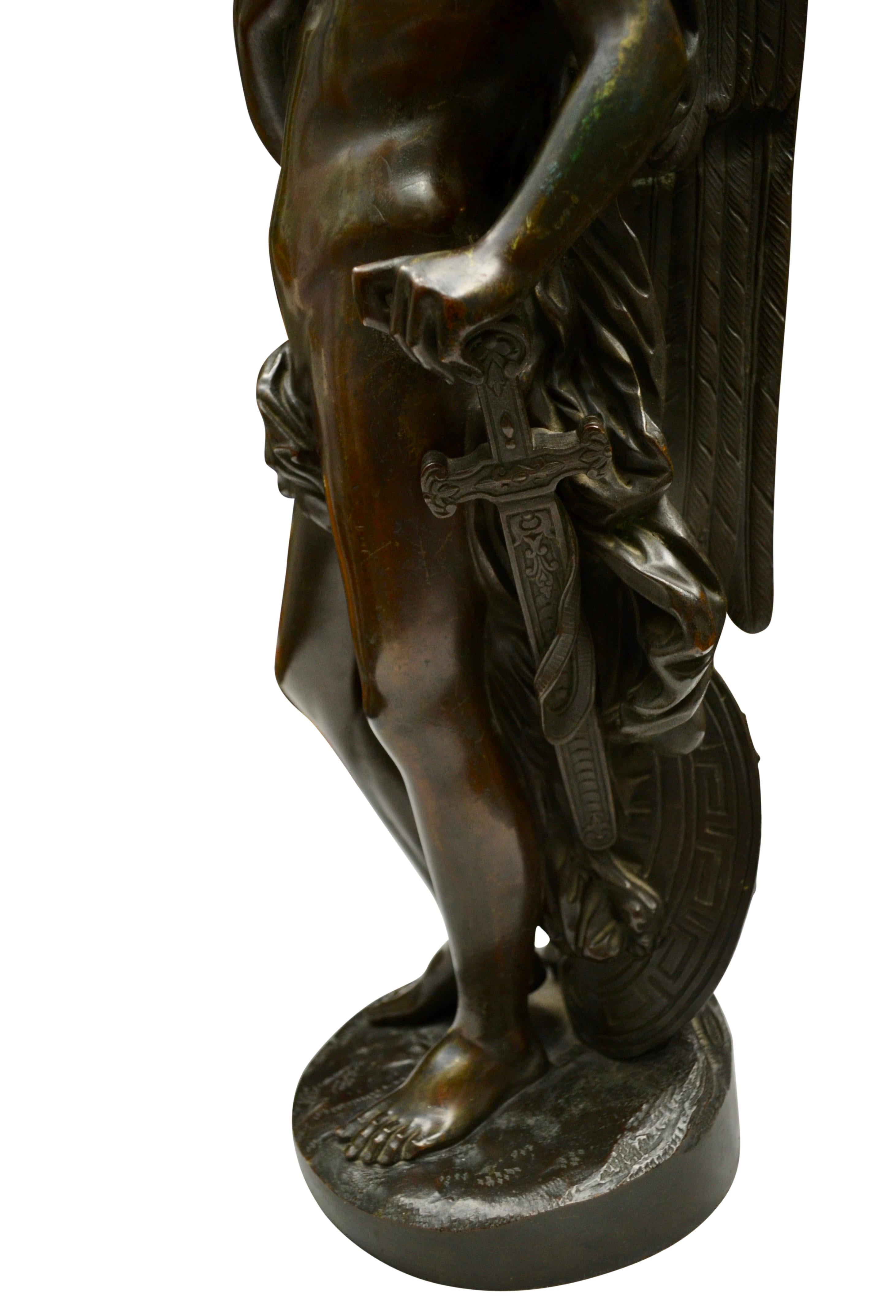 Pair of Patinated Bronze Winged  Figural Male Classical Greek Statues For Sale 2
