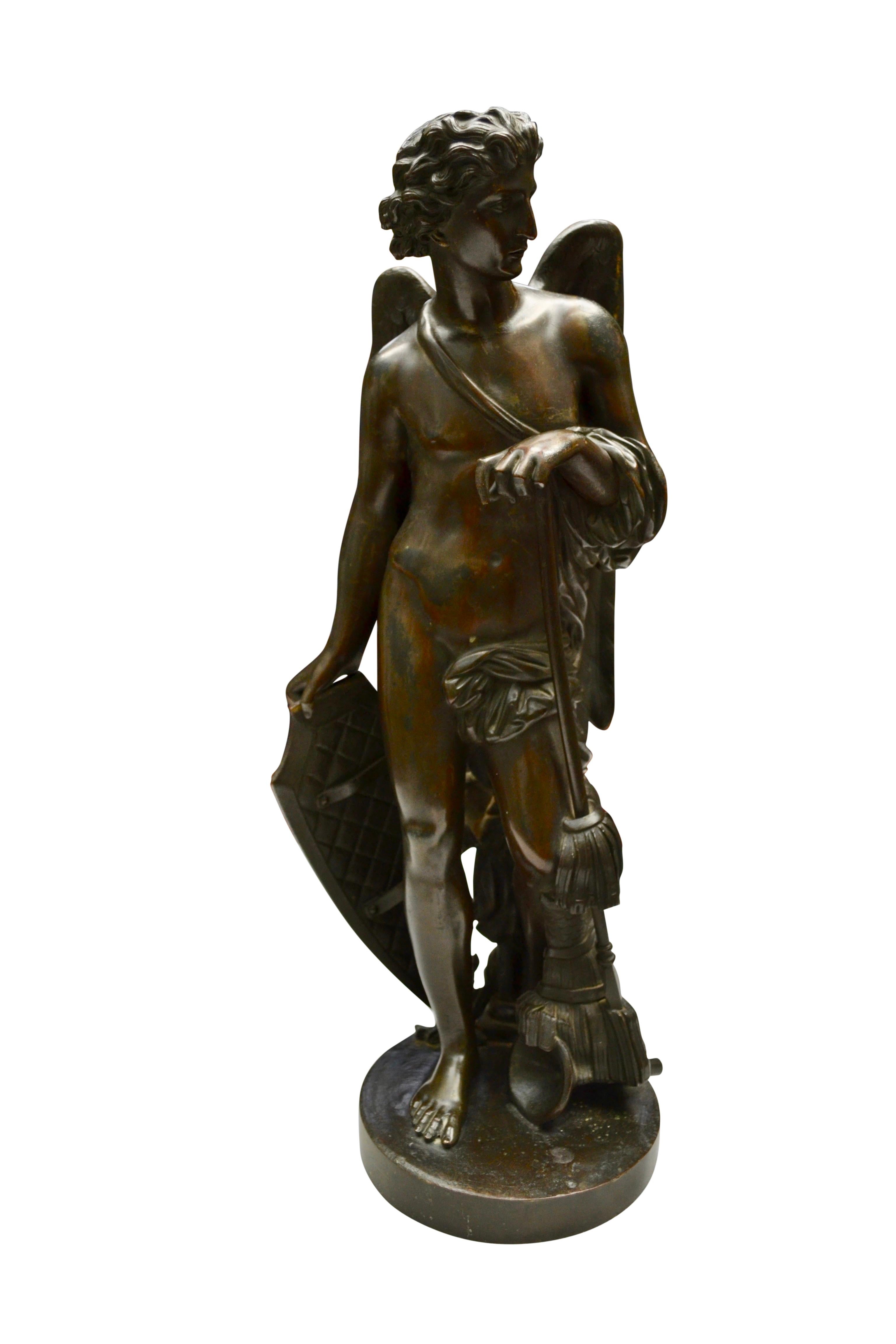 Pair of Patinated Bronze Winged  Figural Male Classical Greek Statues 6