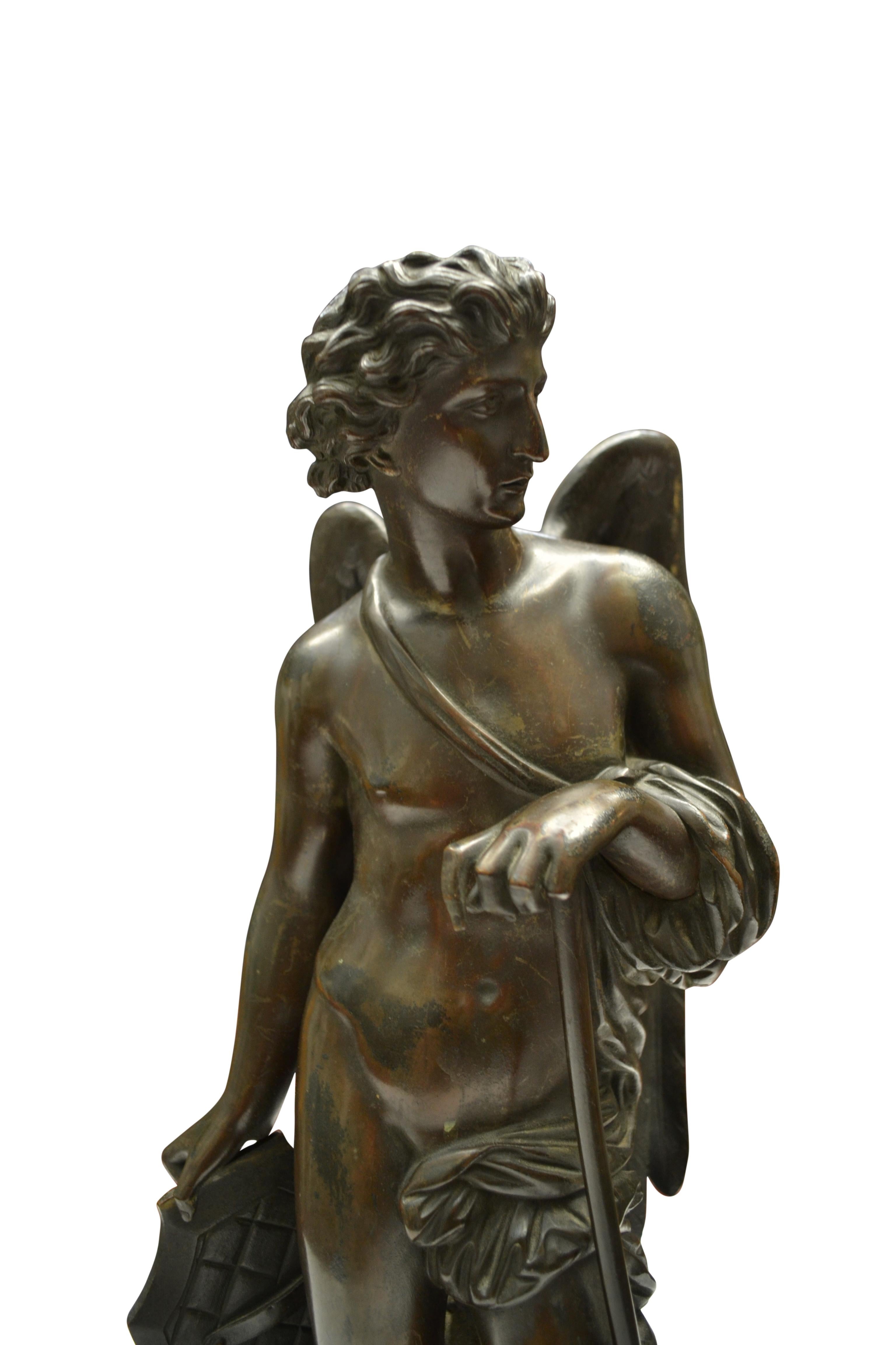 Pair of Patinated Bronze Winged  Figural Male Classical Greek Statues For Sale 7