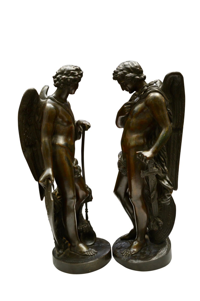 Pair of Patinated Bronze Winged Figural Male Classical Greek Statues