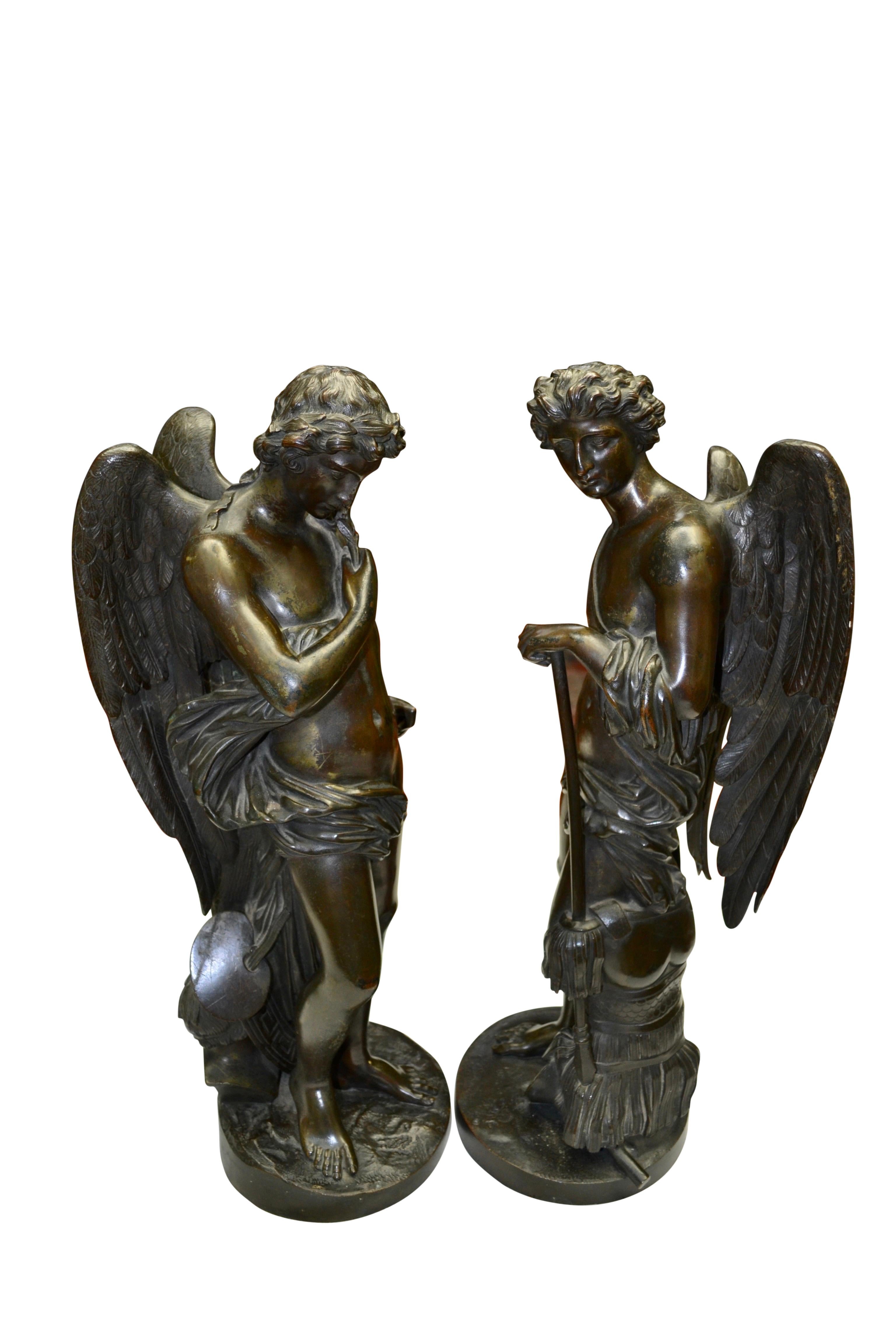 Neoclassical Pair of Patinated Bronze Winged  Figural Male Classical Greek Statues For Sale