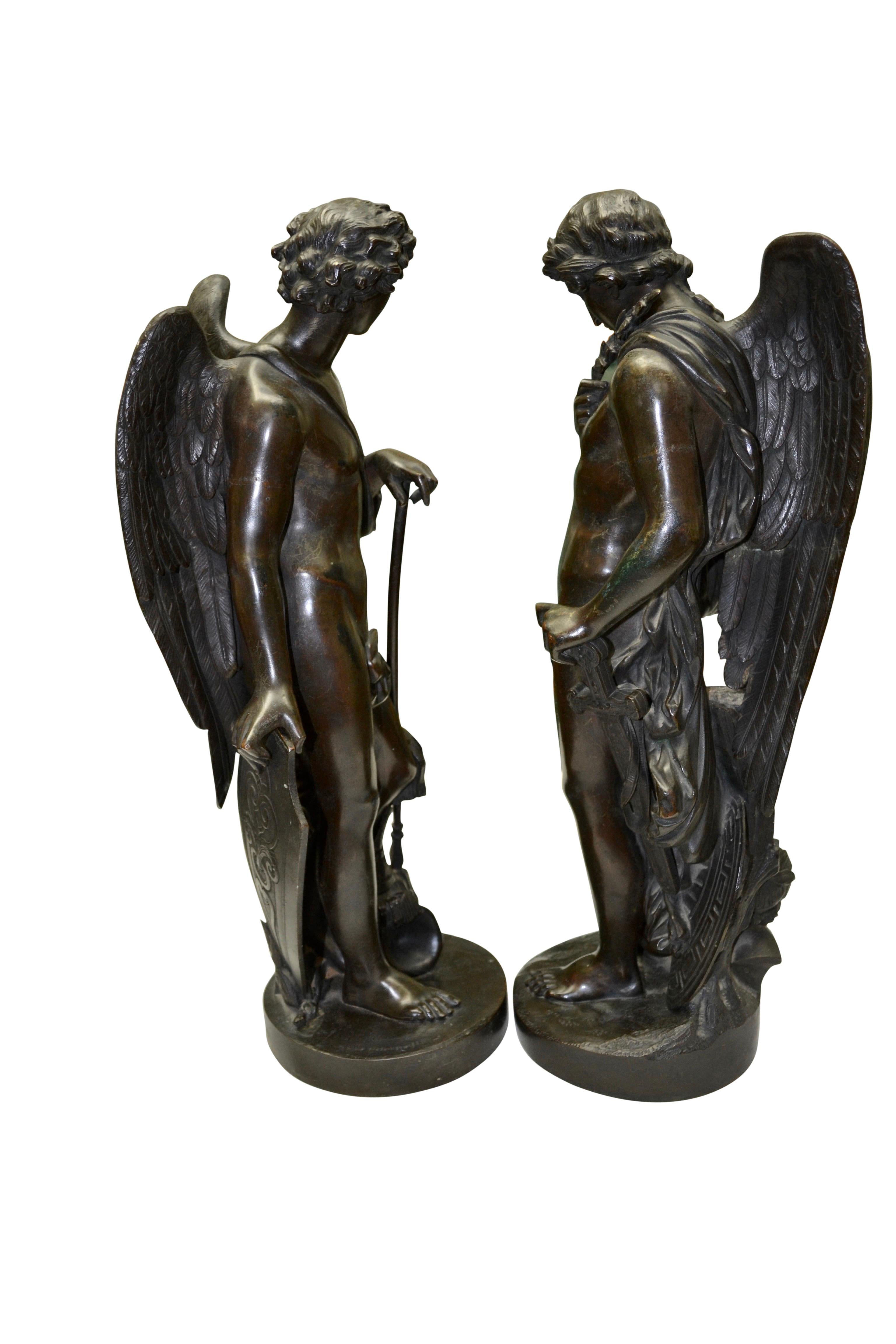 French Pair of Patinated Bronze Winged  Figural Male Classical Greek Statues For Sale
