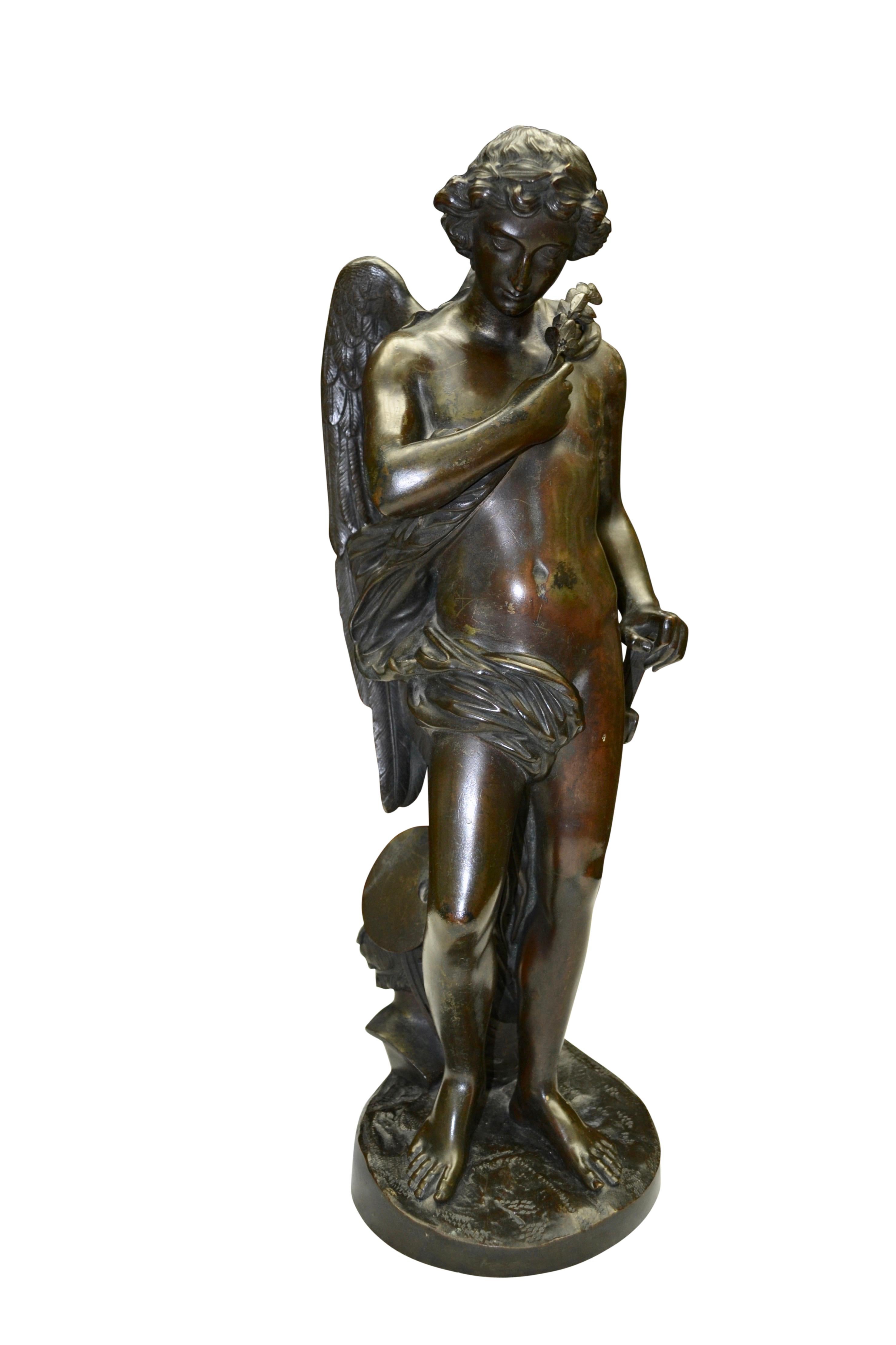 Cast Pair of Patinated Bronze Winged  Figural Male Classical Greek Statues For Sale