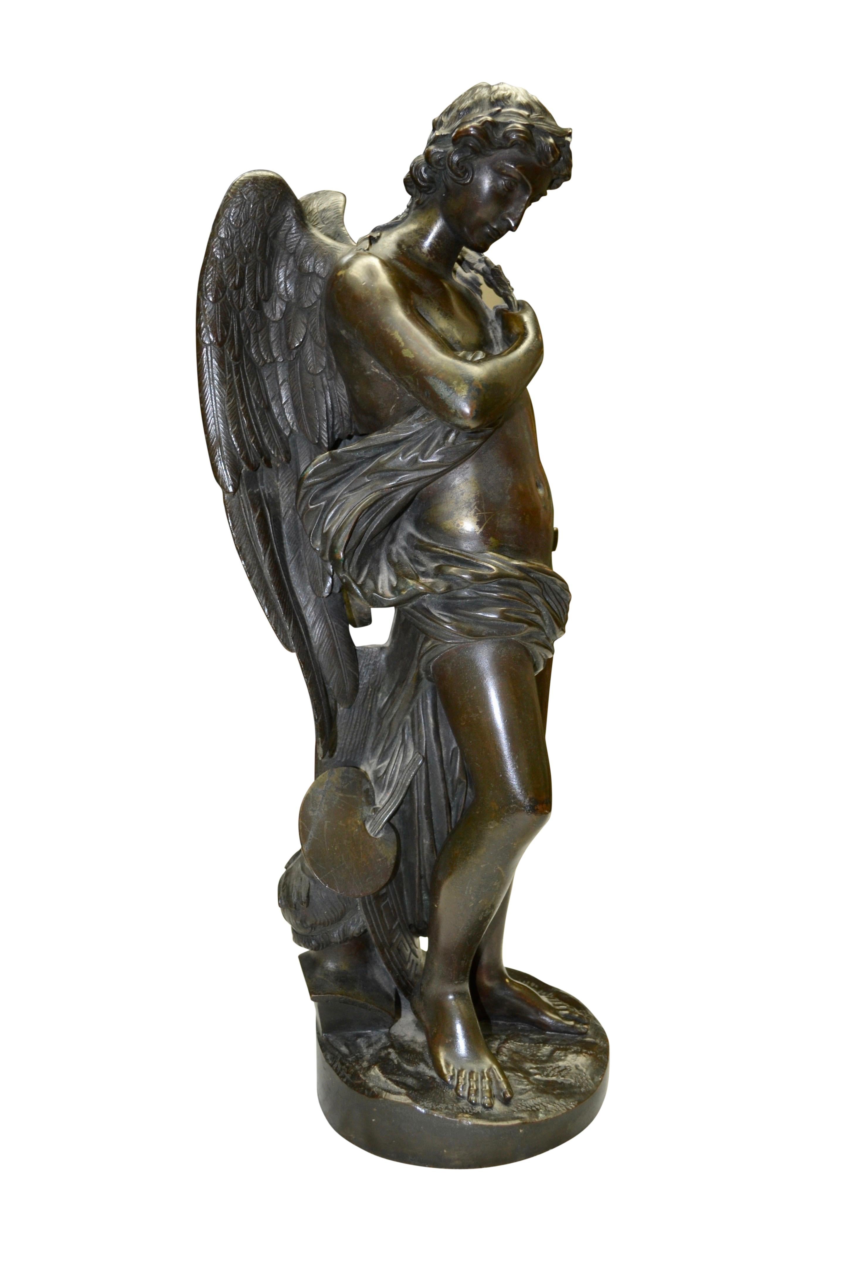 19th Century Pair of Patinated Bronze Winged  Figural Male Classical Greek Statues For Sale
