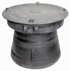 Pair of Patinated Metal Rain Drums, Patio Side Tables
