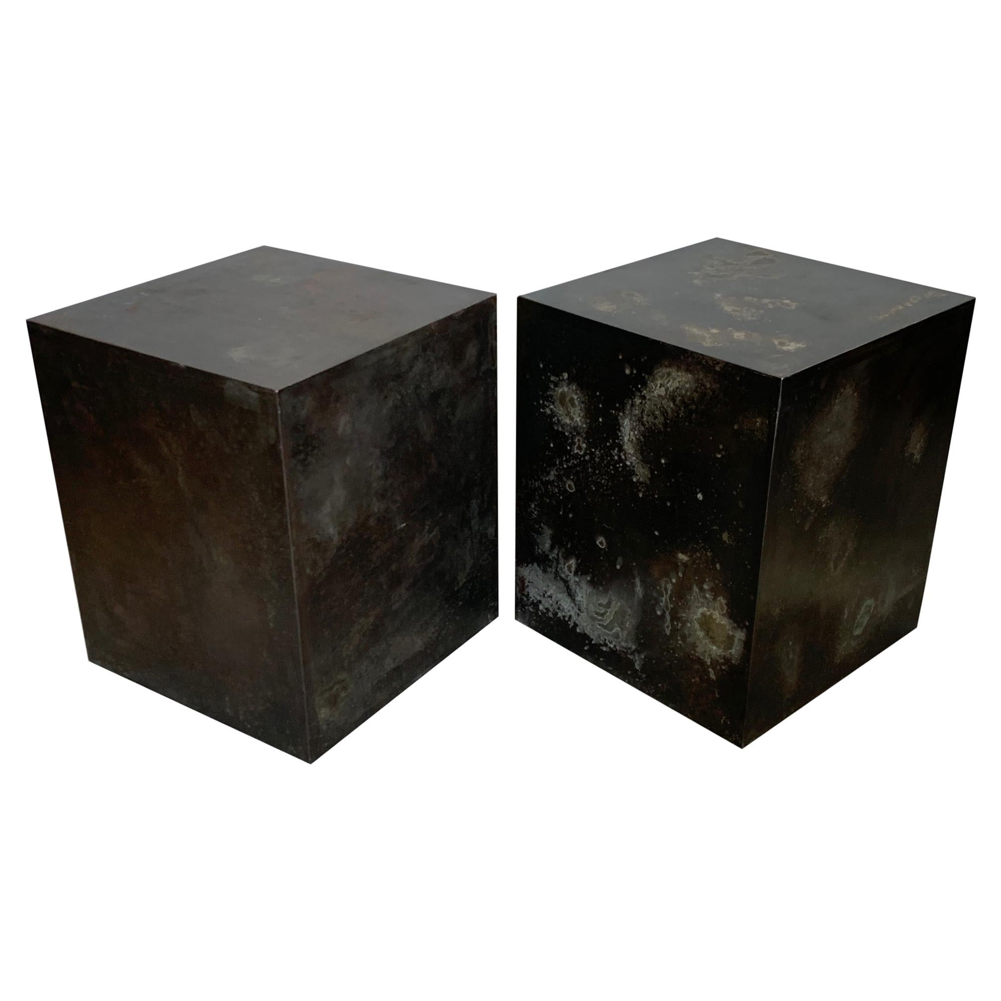 A Pair of Patinated Steel Cubes For Sale