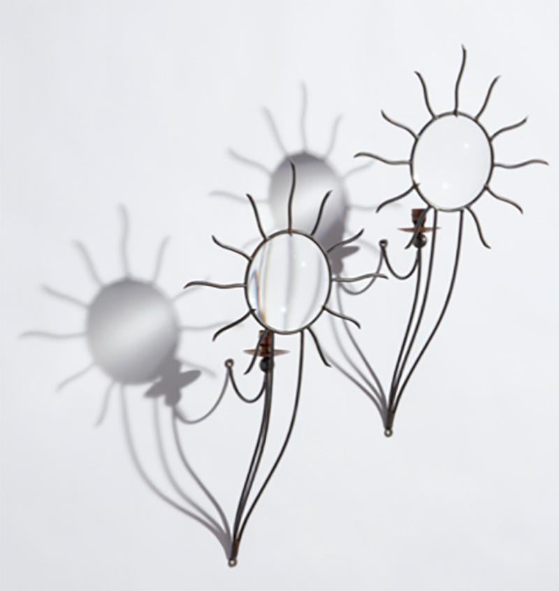 Modern Pair of Patinated Steel, Glass and Copper Sconces by André Dubreuil
