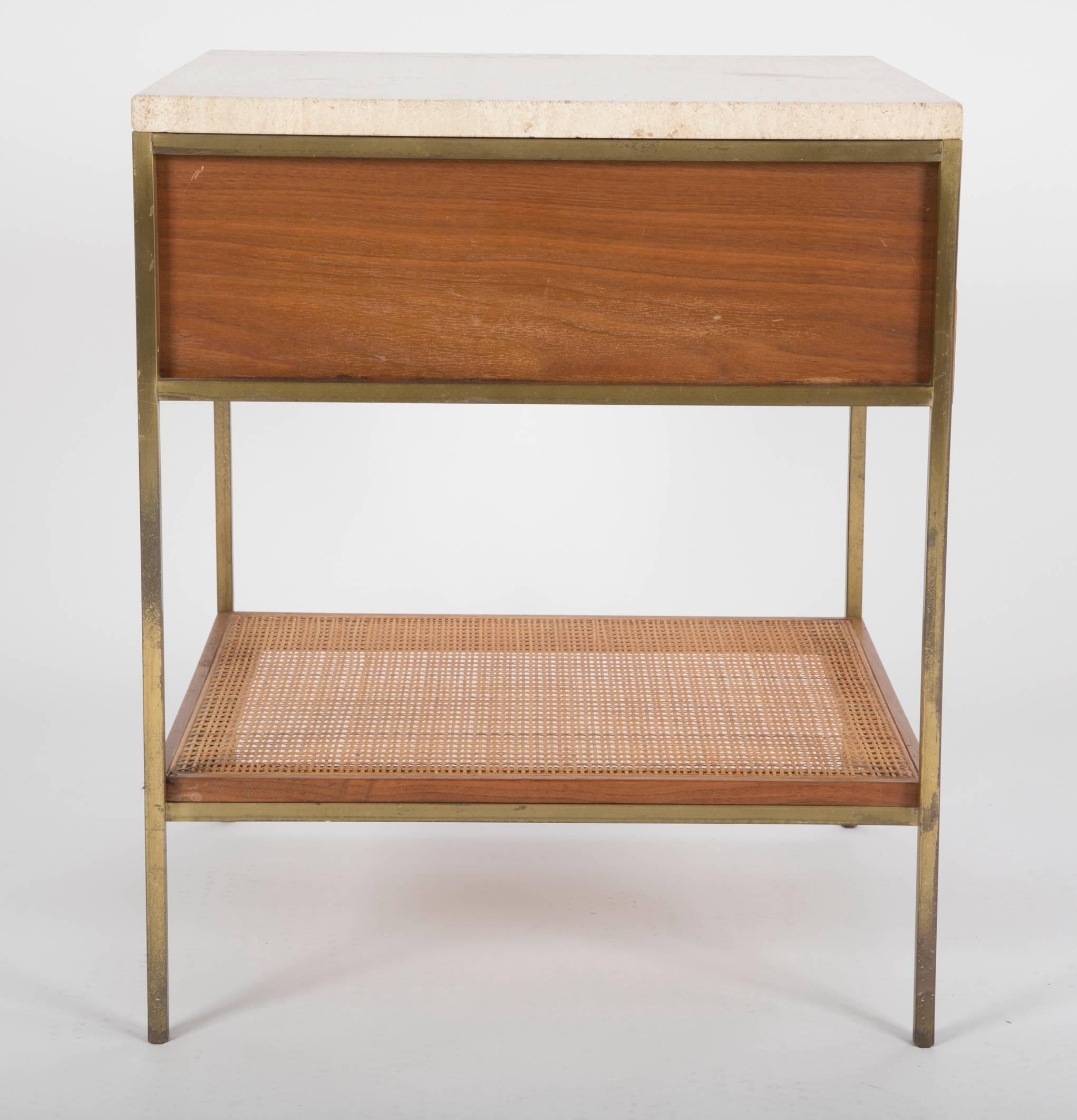 American Pair of Paul McCobb Travertine Top Side Tables with Caned Shelves