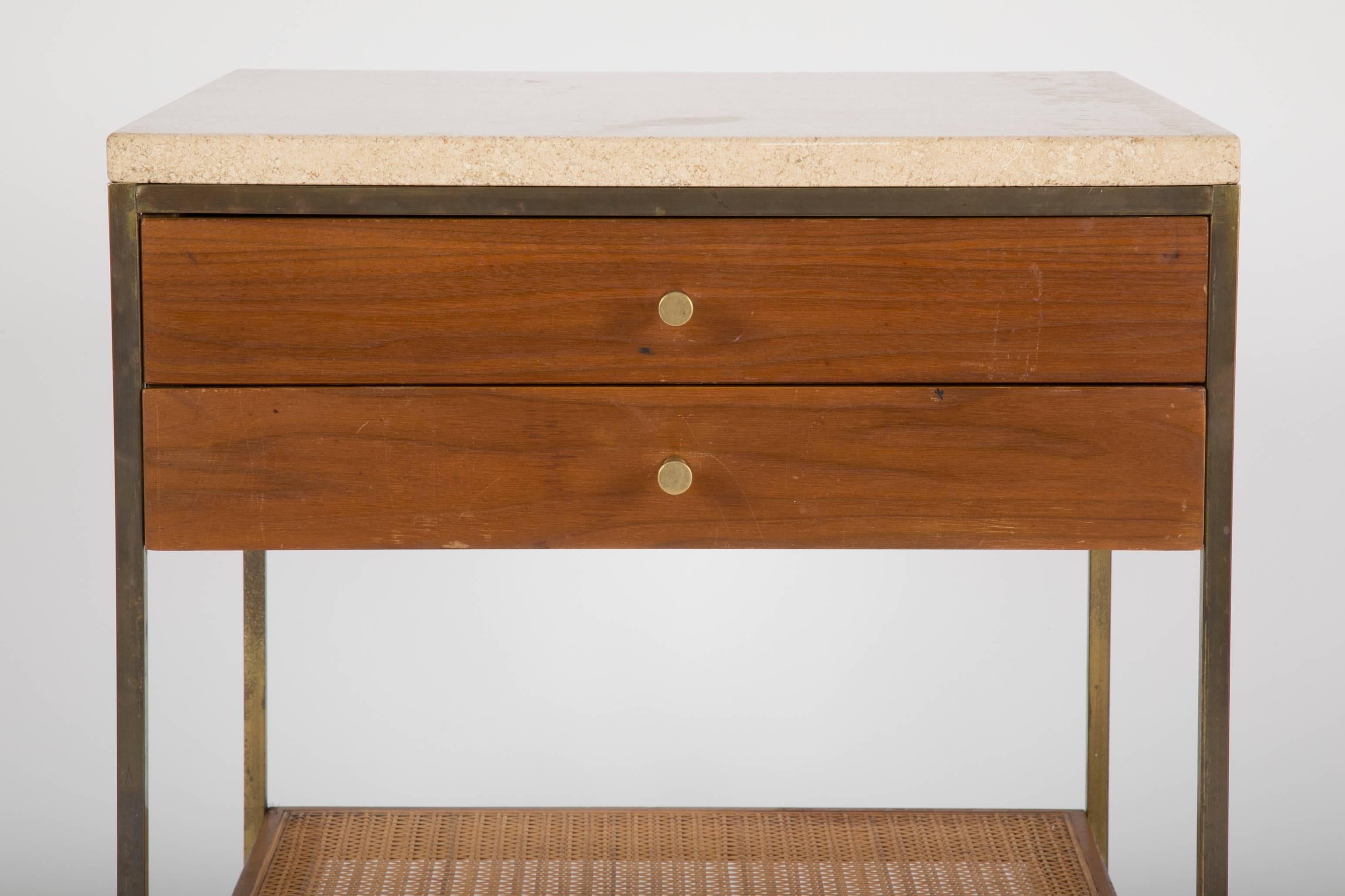 Mid-20th Century Pair of Paul McCobb Travertine Top Side Tables with Caned Shelves