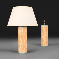 A Pair of Peach and White Dash Studio Pottery Cylindrical Lamps