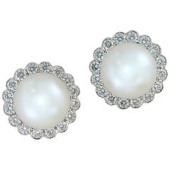 Pair of Pearl and Diamond Cluster Stud Earrings