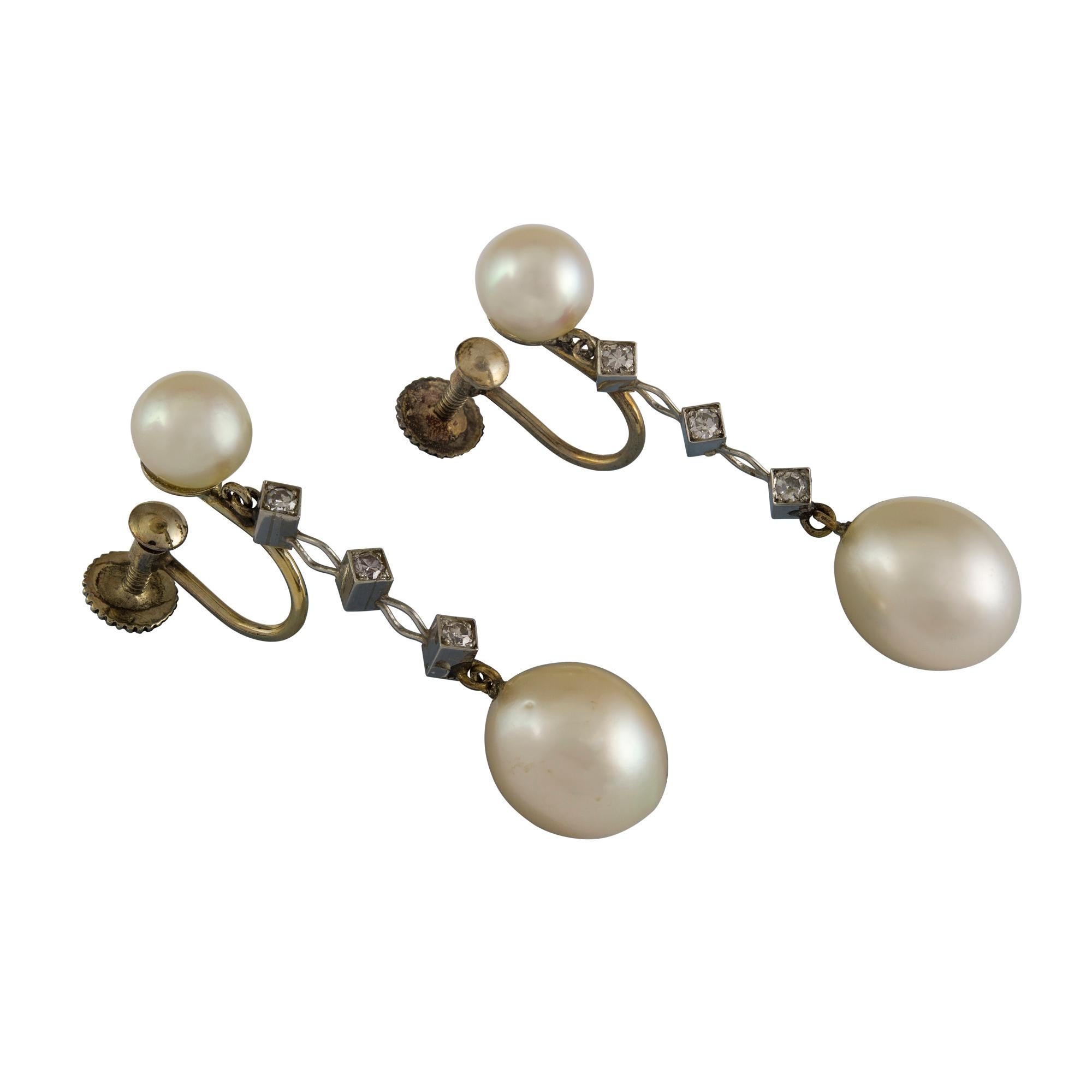 Old European Cut A Pair Of Pearl And Diamond Drop Earrings For Sale
