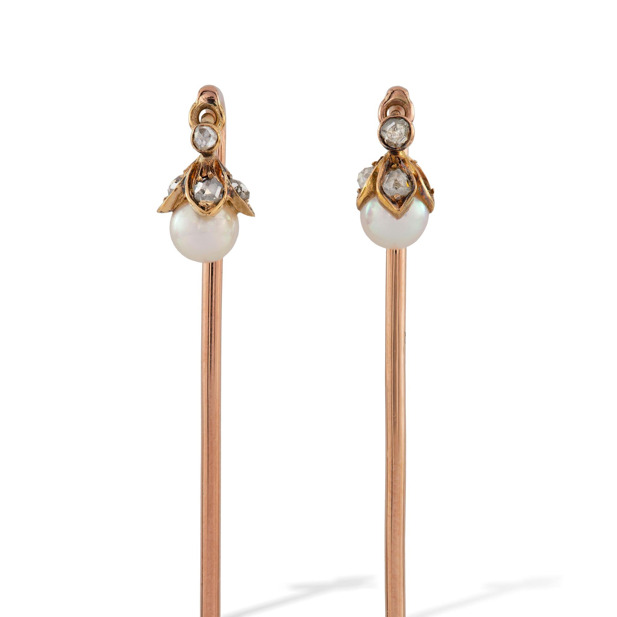 Rose Cut Pair of Pearl and Diamond Stick Pins For Sale