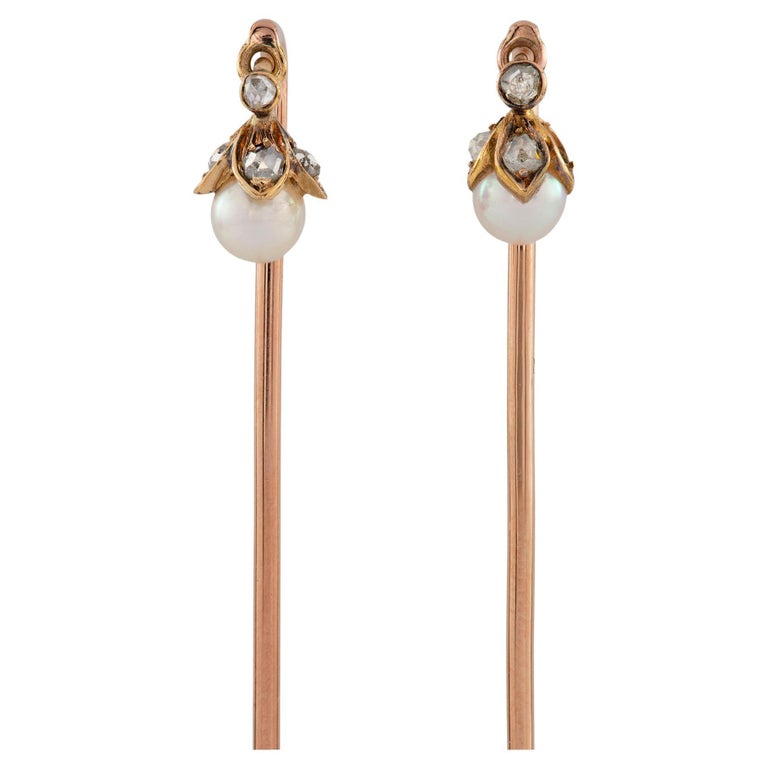 Pair of Pearl and Diamond Stick Pins For Sale at 1stDibs