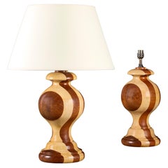 A Pair of Pearwood and Mahogany Striped Lamps
