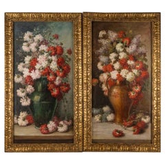Pair of Pendant Flower Paintings Oil on Canvas, Late 19th Century