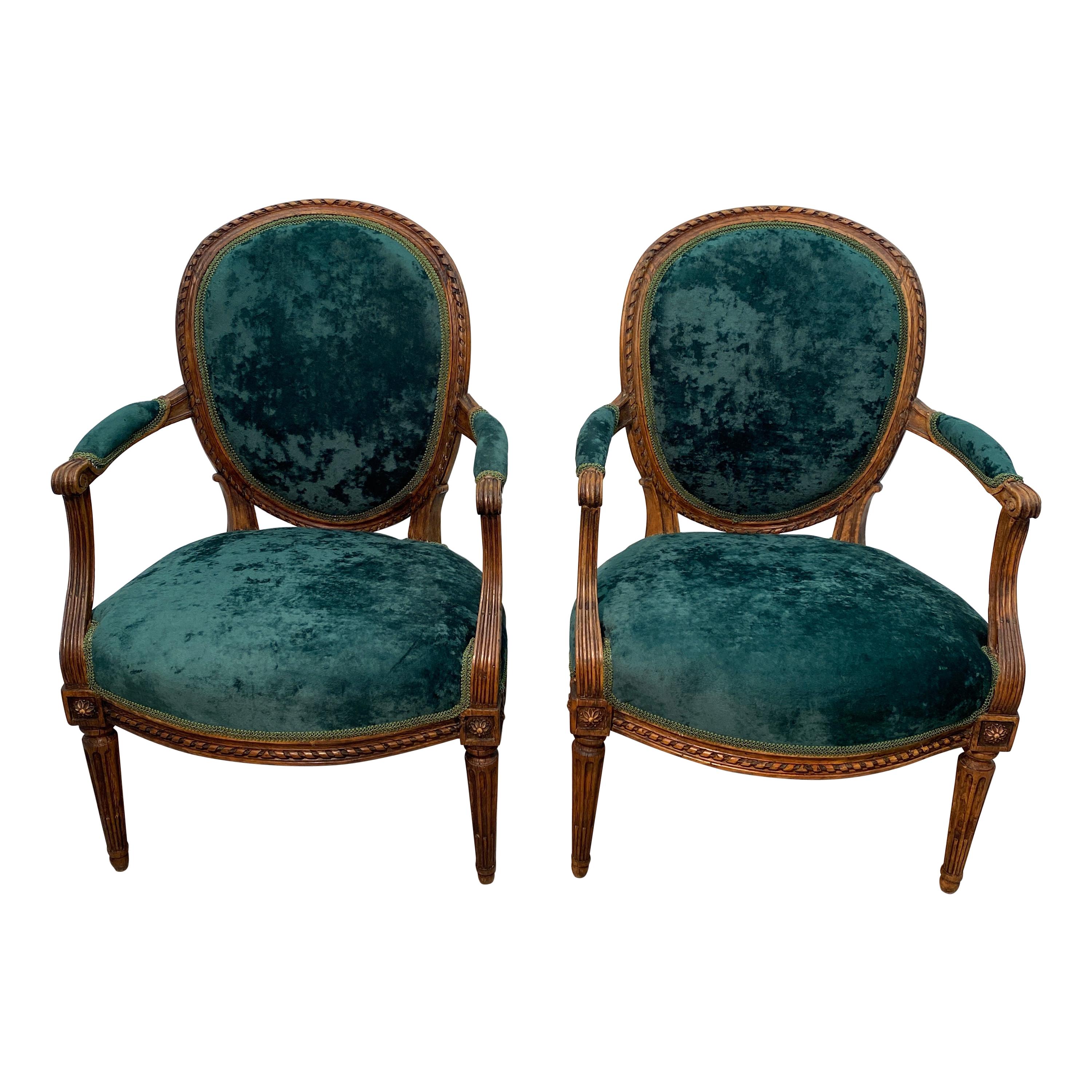 Pair of Period 18th Century French Louis XVI Walnut Fauteuil Arm Chairs For Sale