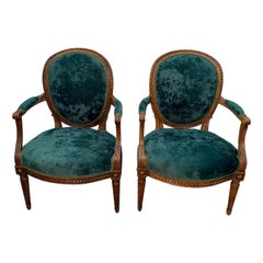 Pair of Period 18th Century French Louis XVI Walnut Fauteuil Arm Chairs
