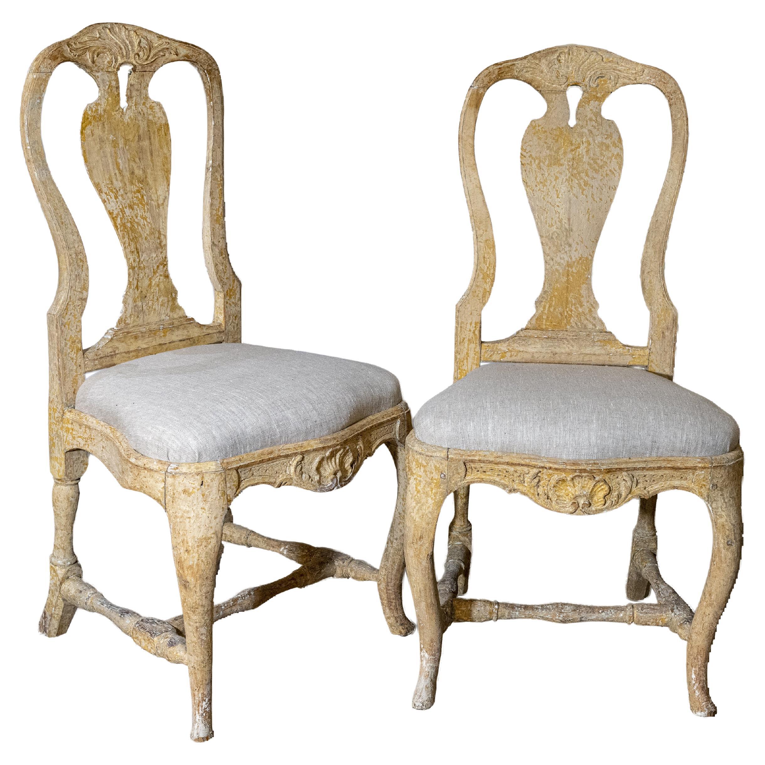 Pair of Period Stockholm Made Rococo Side Chairs with Carved Decoration For Sale