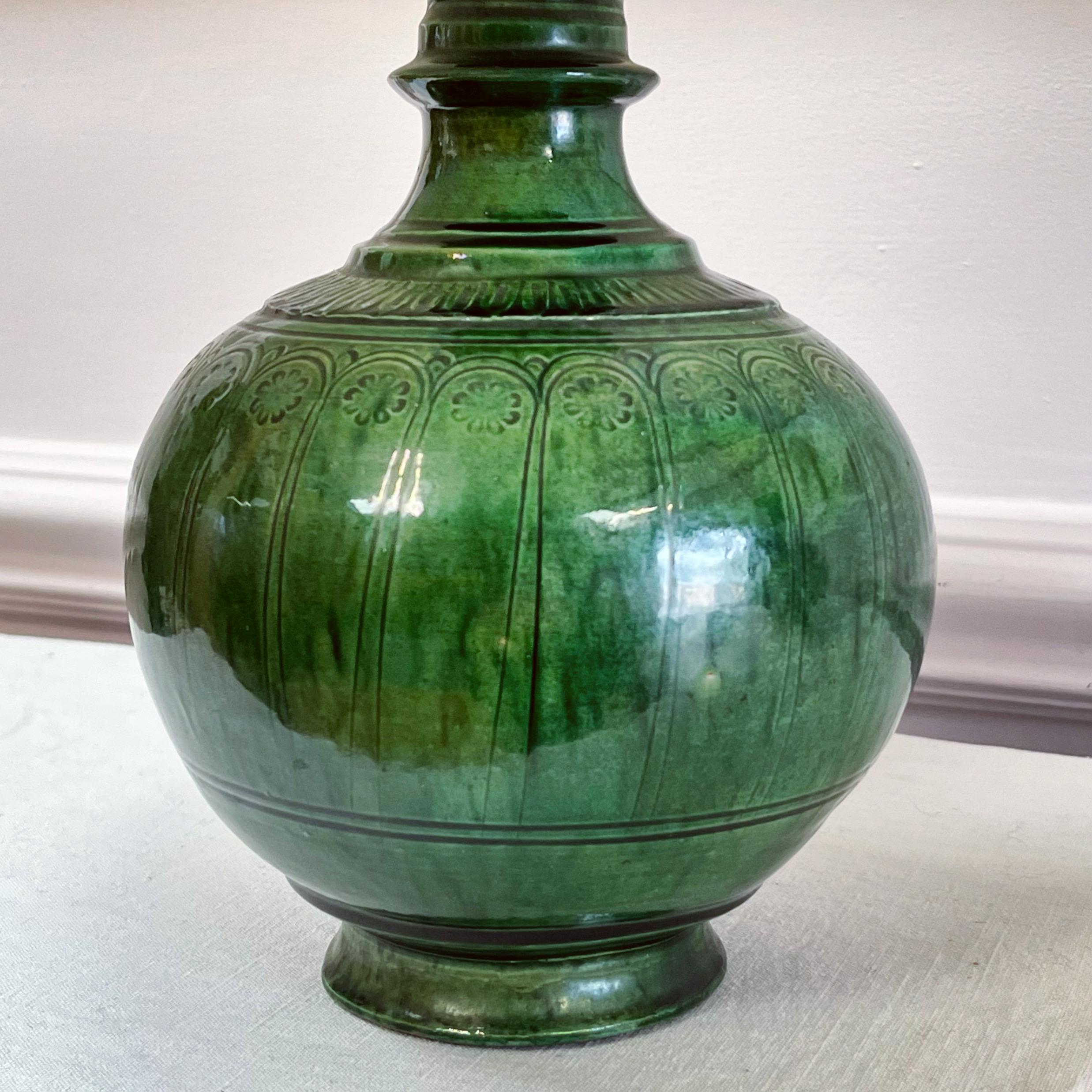 Each of spherical forms and widening tubular necks, arched floral motifs around the shoulder and rich iridescence green glaze. Typical of green glazed pottery from the Umayyad dynasty.

Iranian, Late Nineteenth Century


Inquire about this piece

H
