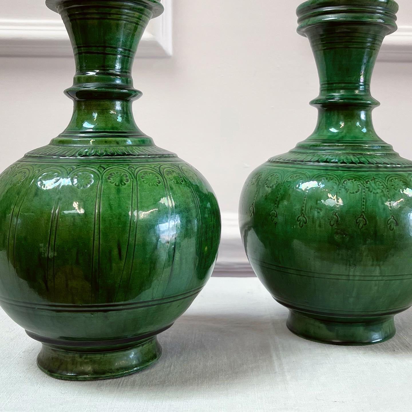 A Pair of Persian Green Glazed Ceramic Lamps In Good Condition For Sale In London, GB
