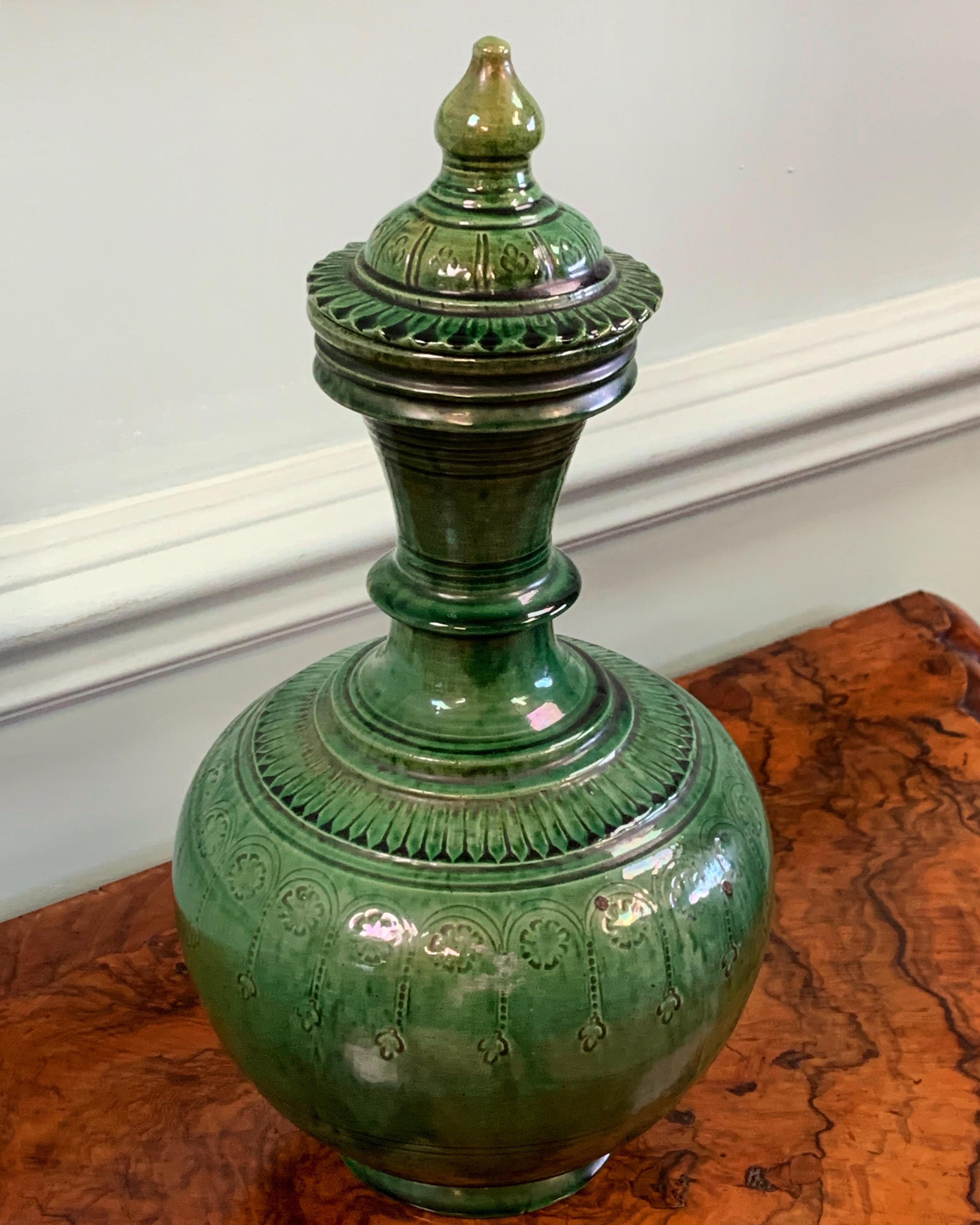 A Pair of Persian Green Glazed Vases as Lamps In Excellent Condition For Sale In London, GB