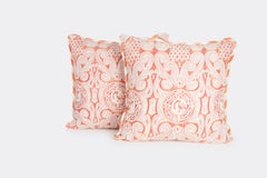 Pair of Fortuny Cushions in the Peruviano Pattern in Orange and White