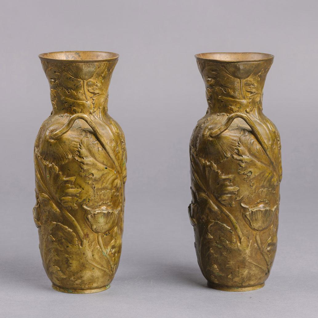 A Pair of Petite Art Nouveau Gilt-Bronze Vases, by Alexandre Vibert, Cast by Colin et Cie.

Signed to the body ‘Alexandre Vibert’ and with the foundry mark for ‘Colin, Fondeur’.

Each vase is of baluster form decorated overall with stylised