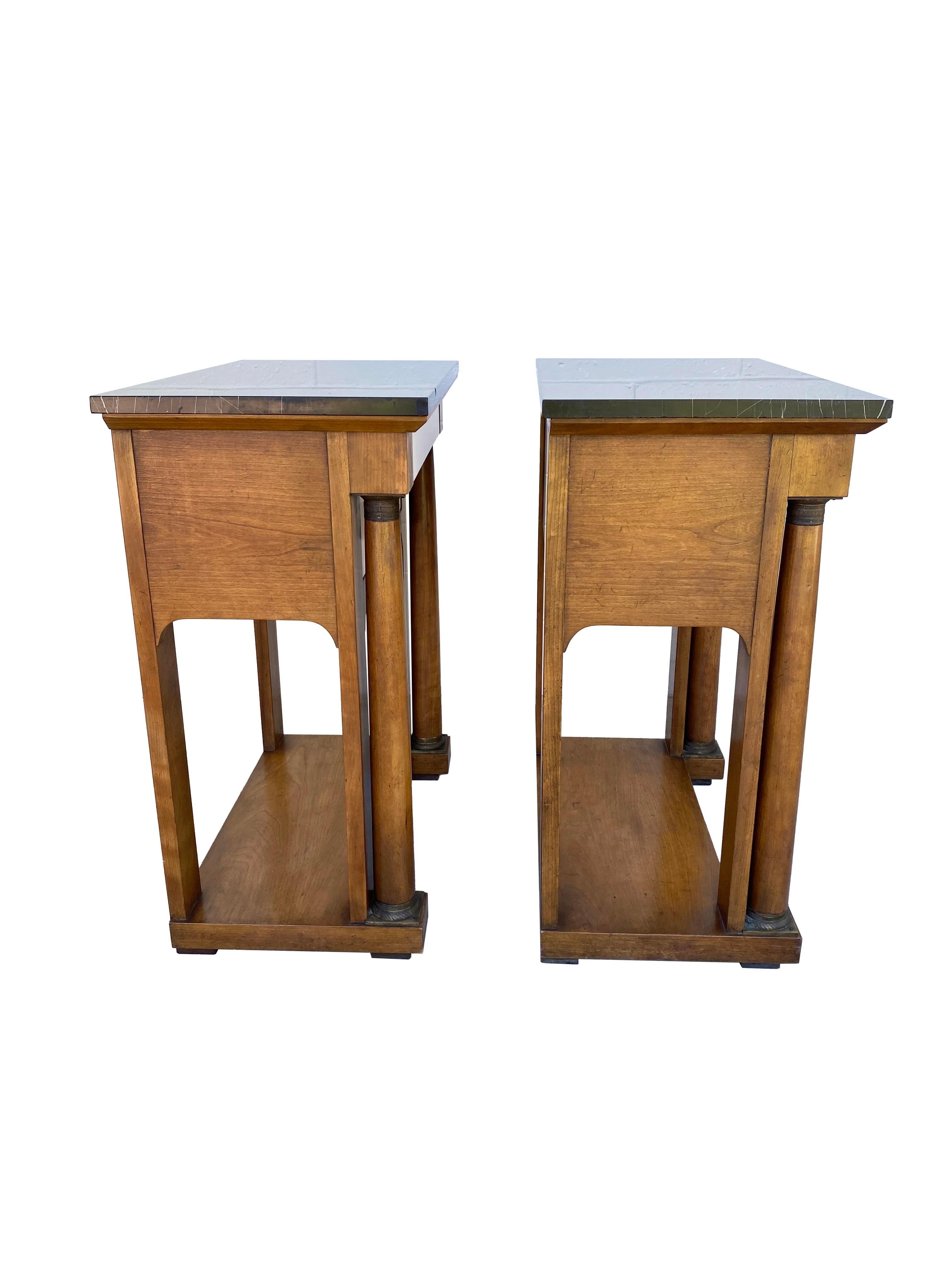 A Pair of Neoclassical Nightstands with Marble Tops by Baker Furniture In Good Condition For Sale In Scottsdale, AZ