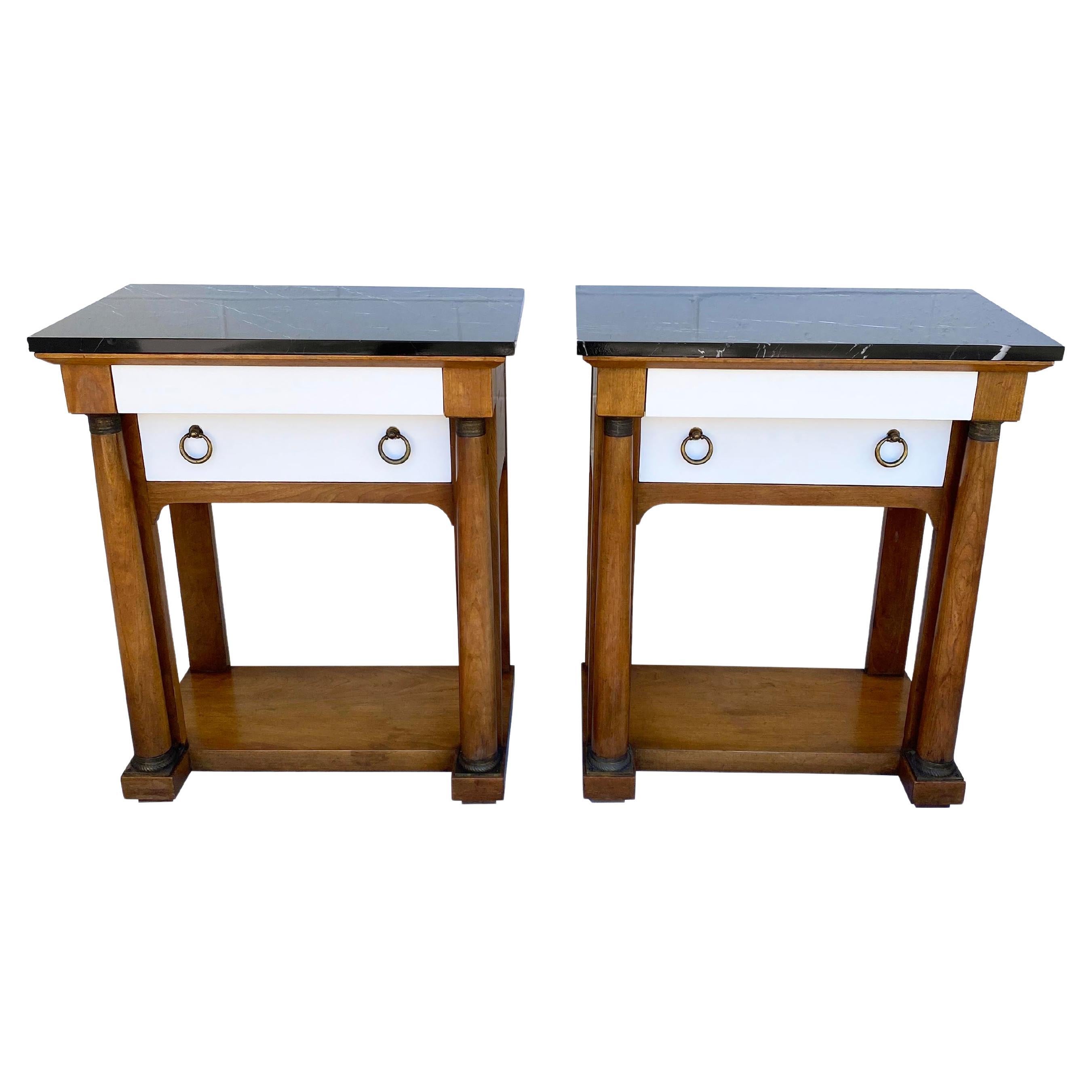 A Pair of Neoclassical Nightstands with Marble Tops by Baker Furniture For Sale