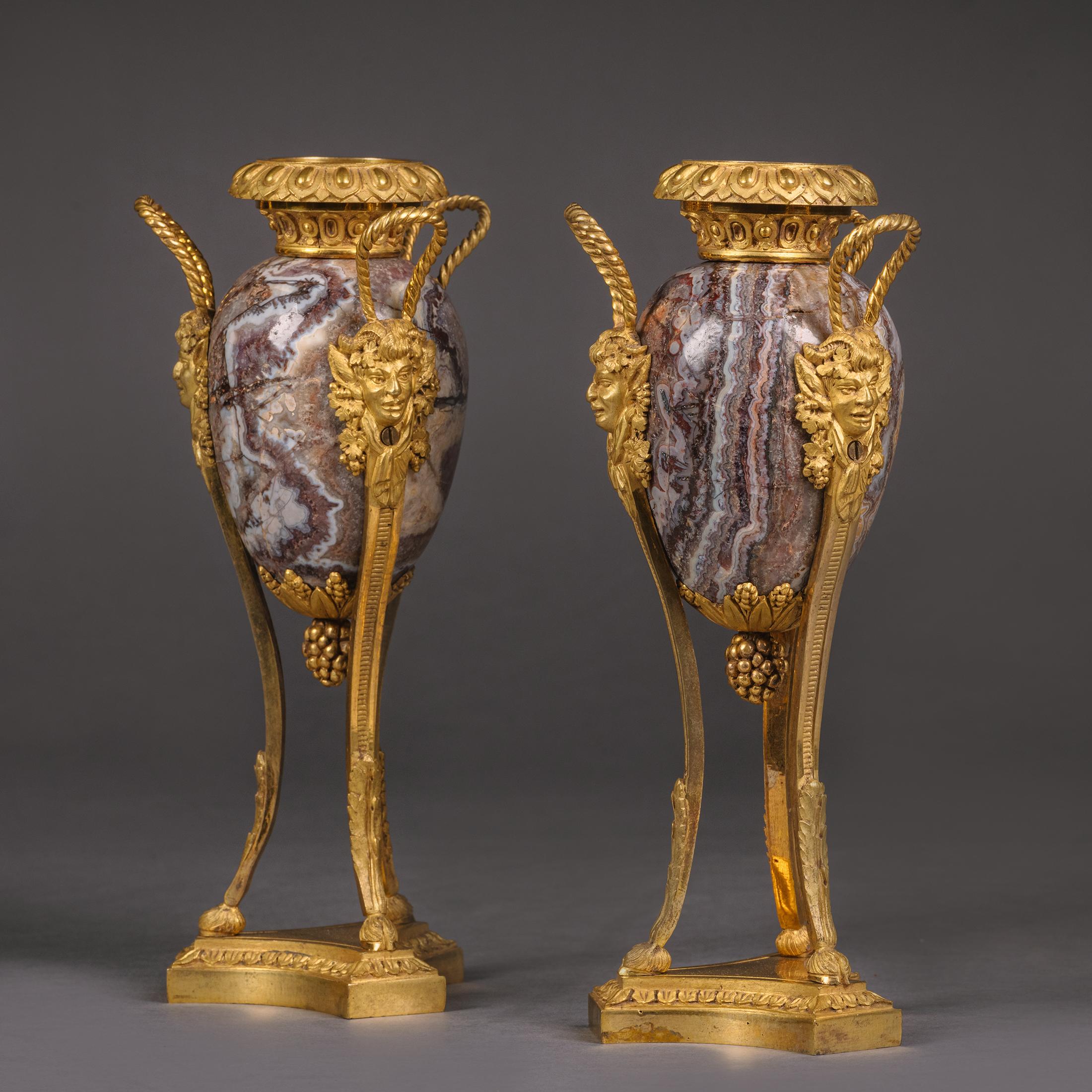French Pair of Petite Louis XVI Style Gilt-Bronze Mounted Fluorspar Cassolettes For Sale