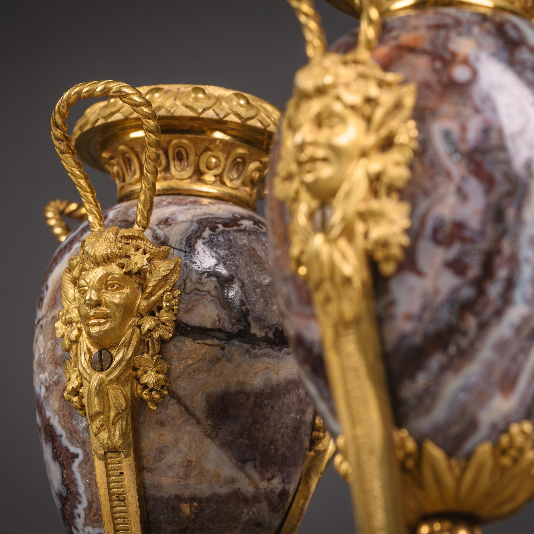 19th Century Pair of Petite Louis XVI Style Gilt-Bronze Mounted Fluorspar Cassolettes For Sale