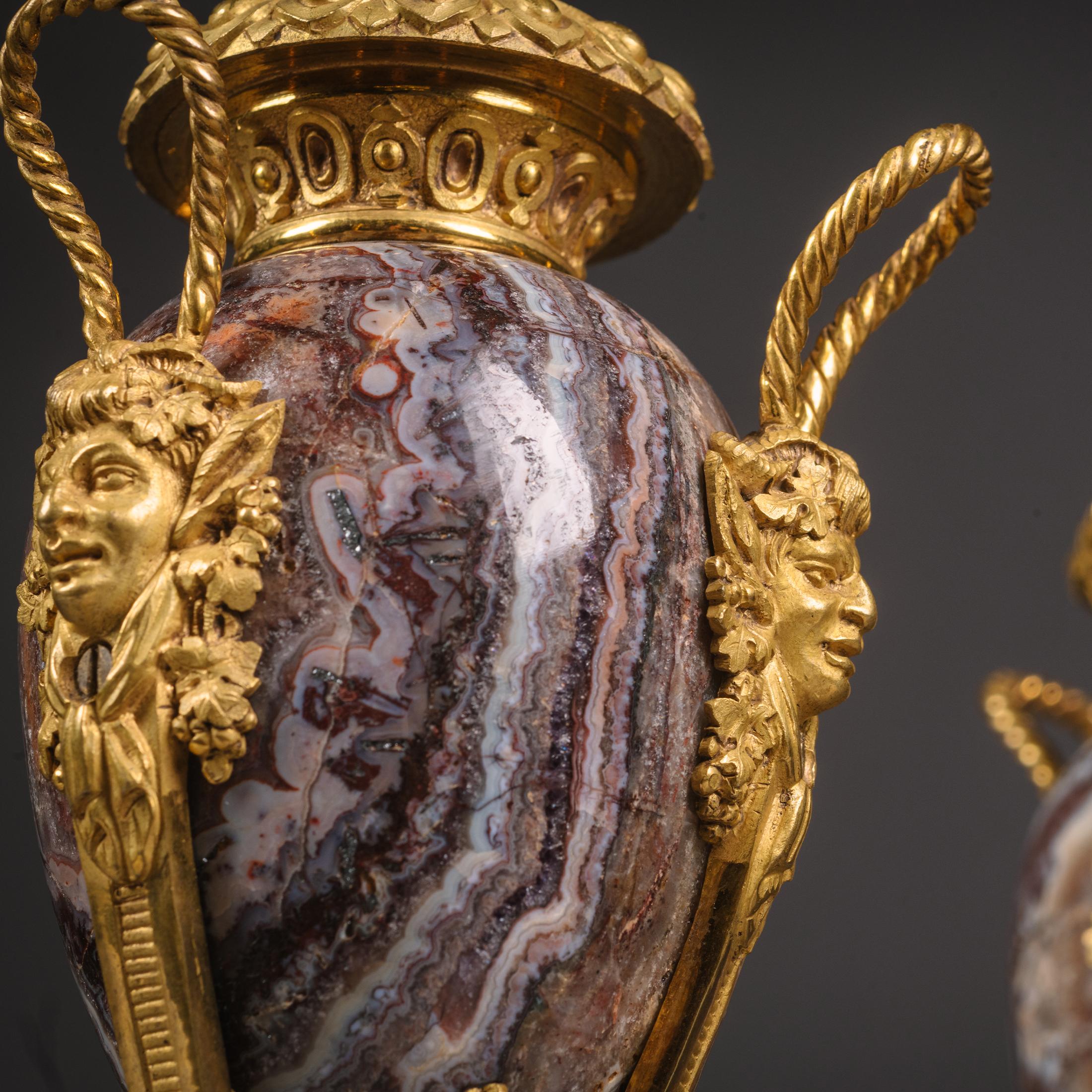 Pair of Petite Louis XVI Style Gilt-Bronze Mounted Fluorspar Cassolettes For Sale 1