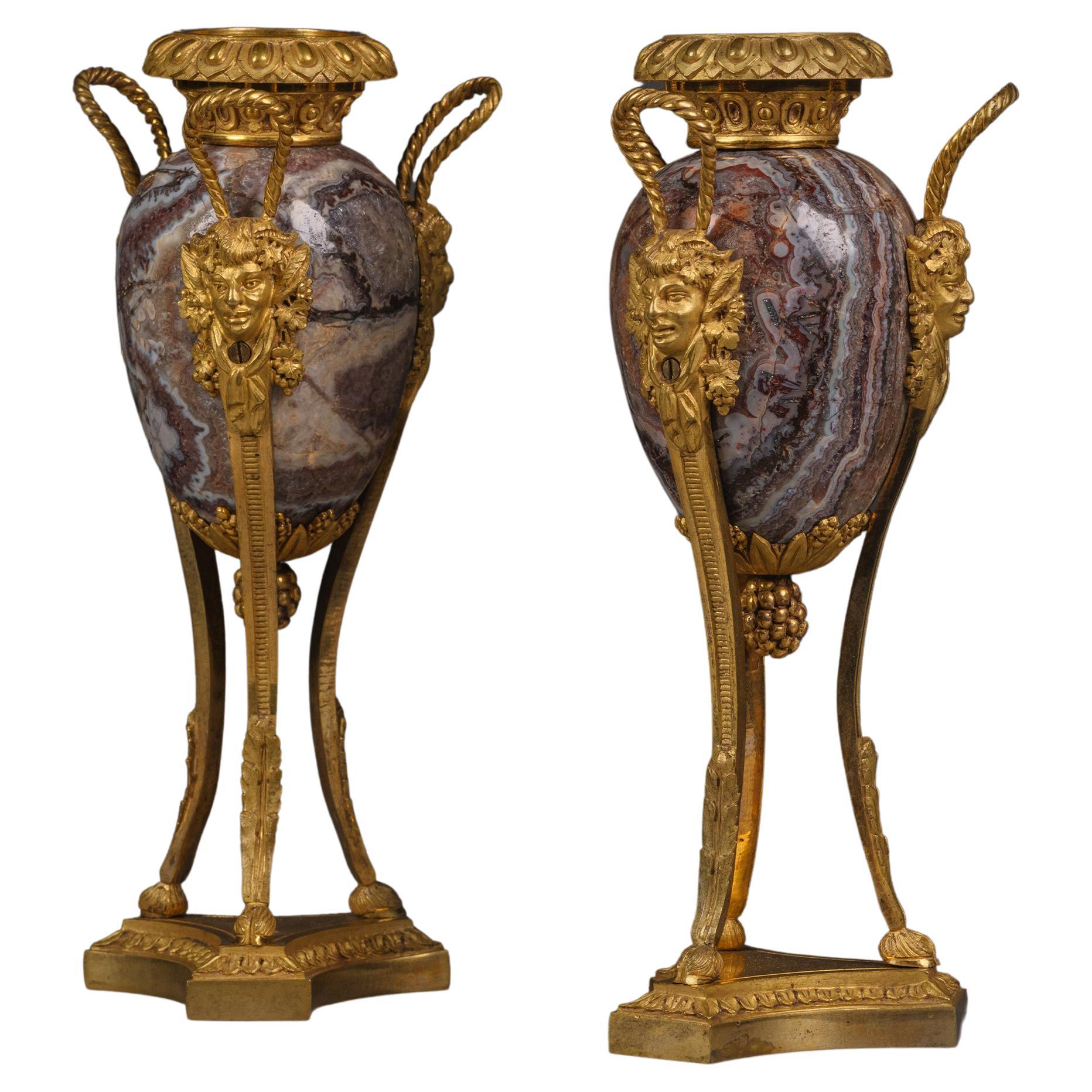 Pair of Petite Louis XVI Style Gilt-Bronze Mounted Fluorspar Cassolettes