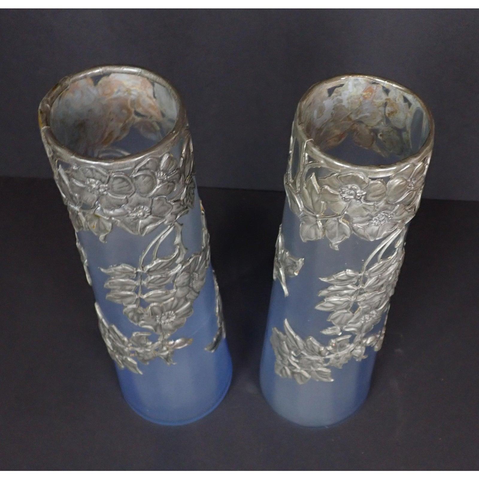 Art Nouveau Pair of Pewter Mounted Opalescent Glass Vases