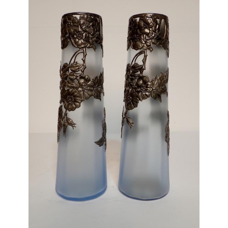 Pair of Pewter Mounted Opalescent Glass Vases In Good Condition In Norwood, NJ